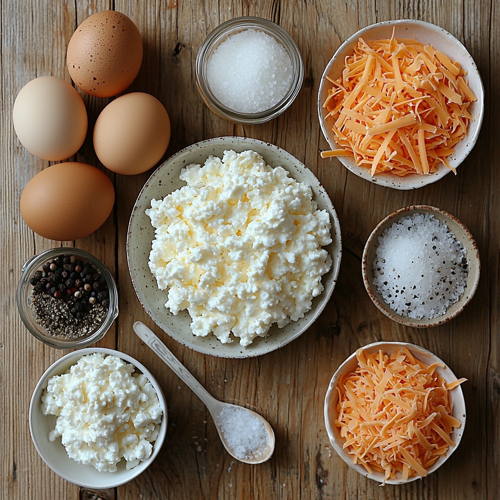 A clean, light wooden surface with all ingredients neatly arranged for a flat lay photo: eight large brown eggs in a loose cluster with smooth shells, a small white ceramic bowl filled with creamy white cottage cheese showing soft texture, a glass measuring cup containing bright orange shredded cheddar cheese with fine, fluffy strands, a tiny white porcelain spoon holding a small mound of fine white salt, and another spoon with freshly cracked black pepper showing coarse black and gray specks. Soft natural lighting highlights the contrasting colors and textures—the eggs’ smoothness, the cottage cheese’s creaminess, the cheddar’s vibrant color, and the seasonings' delicate grains. Minimal props with subtle shadows, arranged with balanced spacing, on a clean surface with a modern and fresh styling aesthetic. Overhead shot, top down view, flat lay photography, professional food styling --ar 1:1 --q 2 --s 750 --v 6.1