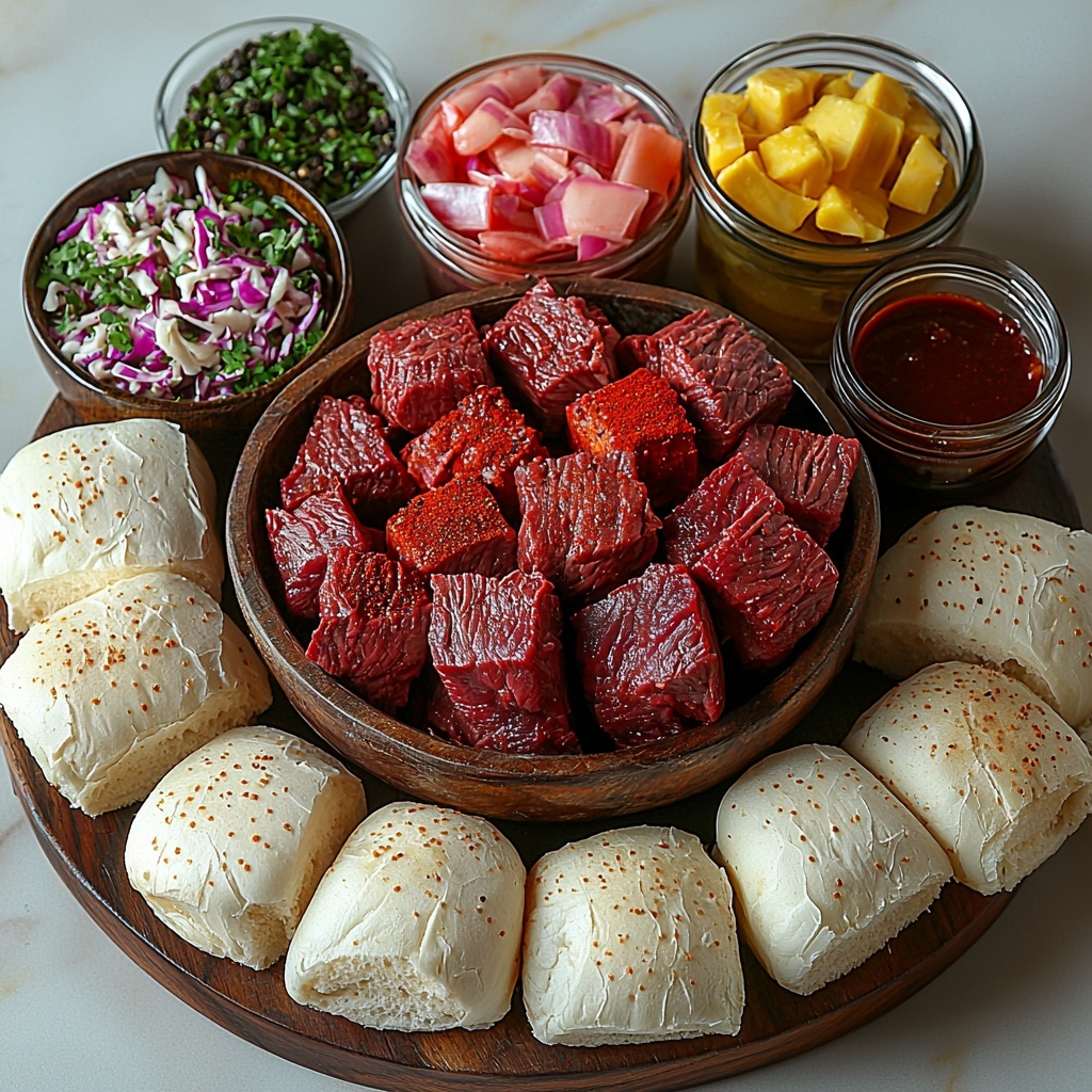 /Imagine prompt: A clean white surface styled with the main ingredients for shredded beef sliders neatly arranged in an inviting flat lay. Centered is a rustic wooden bowl filled with raw beef chuck roast chunks, deep red with marbled fat. Surrounding it are small ceramic bowls holding vibrant spices: dark brown paprika, rich black pepper, warm reddish-brown chili powder, and earthy beige cumin. Nearby, a raw onion is halved and diced beside peeled garlic cloves, their creamy white textures contrasting beautifully. A small glass cup contains glossy soy sauce, next to a dark bottle of Worcestershire sauce and a cup of translucent beef broth. A spoonful of moist, golden brown sugar adds warmth to the palette. To one side, a stack of 12 soft slider buns with a golden toasted sheen is arranged in a neat grid. Optional toppings include shredded yellow cheese curls, bright green pickle slices, creamy coleslaw with hints of purple cabbage, and a small jar of glossy dark barbecue sauce. The overall composition balances warm and cool tones, rustic and refined textures, with natural light casting soft shadows to enhance depth and freshness. Overhead shot, top down view, flat lay photography, professional food styling --ar 1:1 --q 2 --s 750 --v 6.1