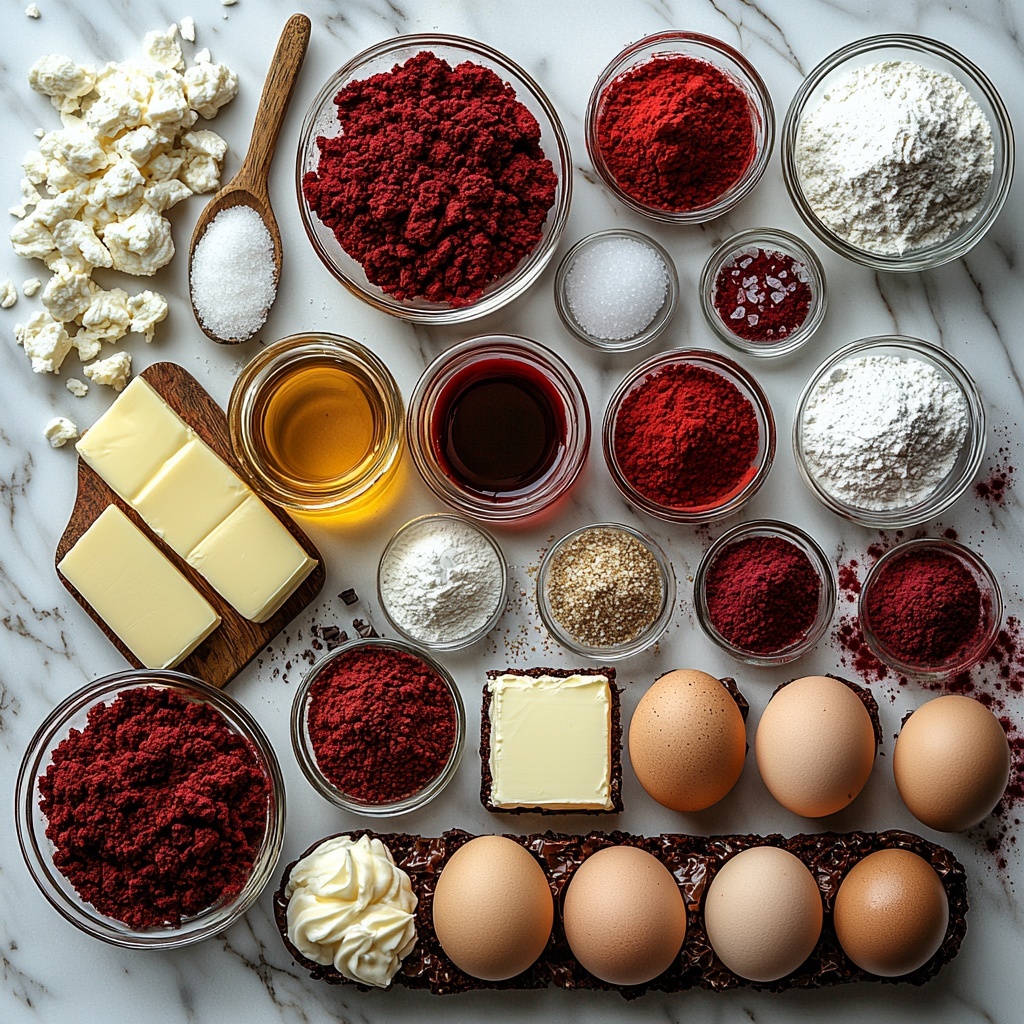 red velvet brownie ingredients neatly arranged on a clean white marble surface: a small glass bowl with melted golden unsalted butter, a clear glass jar of white granulated sugar, two large brown eggs placed side by side, a small glass bottle of rich amber vanilla extract, a small bowl with vivid red liquid food coloring, a neat mound of white all-purpose flour in a ceramic bowl, a small bowl of deep reddish-brown cocoa powder, a pinch of fine white salt on a tiny white spoon, a square block of creamy pale cream cheese, a pat of soft pale yellow unsalted butter on a wooden board, powdered sugar dusted lightly next to a small measuring cup, a tiny bowl with a splash of vanilla extract, all ingredients evenly spaced with natural soft daylight, subtle shadows, minimalistic rustic props like a linen napkin and wooden spoon, textures contrast between smooth liquids, powdery dry ingredients, and creamy blocks, clean and bright aesthetic emphasizing vibrant reds and neutral tones, overhead shot, top down view, flat lay photography, professional food styling --ar 1:1 --q 2 --s 750 --v 6.1