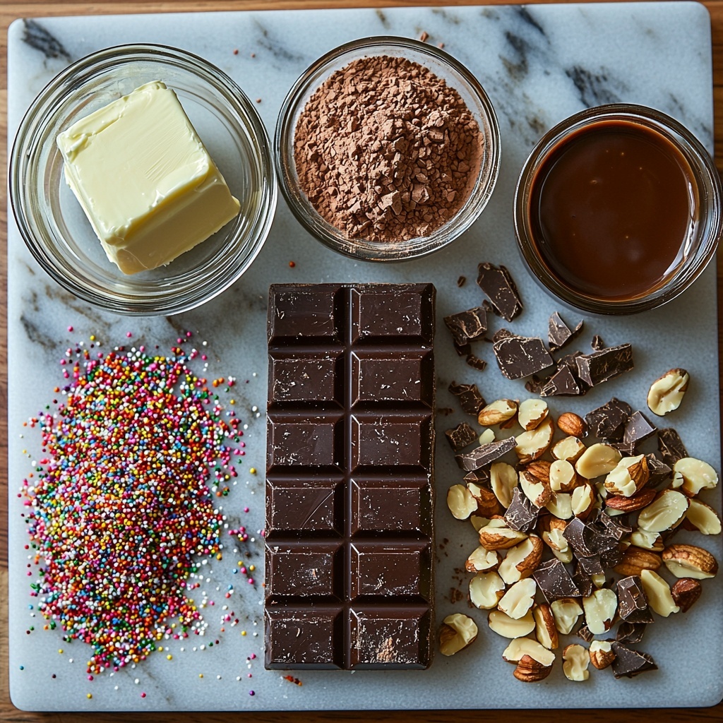 two 4-ounce bars of finely chopped semi-sweet dark chocolate with rich, glossy shards, a small glass bowl filled with smooth, creamy heavy cream shimmering under soft light, a small pat of unsalted butter sitting on a white ceramic dish showcasing its soft texture, a tiny glass ramekin containing pure vanilla extract with a deep amber hue, scattered piles of toppings including velvety unsweetened cocoa powder dusted like fine dust, colorful sprinkles adding vibrant pops of red, green, yellow, and blue, small clusters of crushed nuts with rough, uneven bites of brown and tan, and a small dish of melted chocolate with a shiny, liquid surface; all ingredients meticulously arranged on a clean white marble surface, evenly spaced to highlight each element’s texture and color contrast, subtle natural light casting soft shadows, artistic yet minimal styling emphasizing freshness and artisanal quality, overhead shot, top down view, flat lay photography, professional food styling --ar 1:1 --q 2 --s 750 --v 6.1