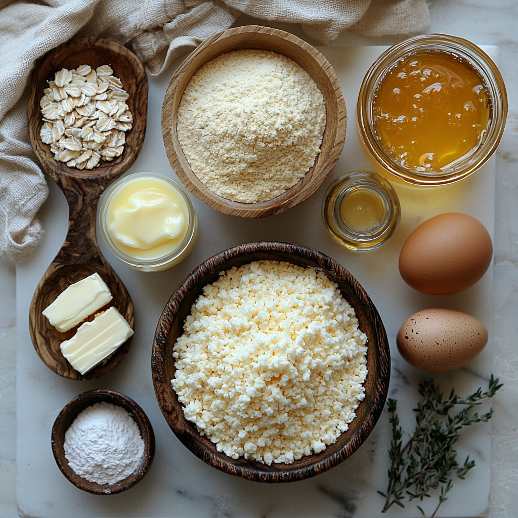 finely ground cornmeal in a small rustic bowl with golden yellow grains visible, oat flour in a wooden scoop showing a soft, powdery off-white texture, baking powder and baking soda in tiny white ceramic spoons, coarse sea salt crystals spilling slightly from a small dish, a dollop of thick plain Greek yogurt on a white porcelain spoon, a small glass jug of creamy milk or milk alternative, a melted unsalted butter pool in a glass ramekin with shiny, smooth texture, a jar of rich amber honey with light reflecting on the viscous surface, a large brown egg with smooth shell placed next to a wooden mixing bowl, all ingredients neatly arranged on a clean white marble surface with subtle natural light casting soft shadows, styled with minimal rustic props including a wooden spoon, folded linen napkin in neutral tones, and gentle sprigs of fresh herbs for color contrast, colors are warm and inviting with yellows, creams, and natural wood tones, textures range from powdery and smooth to glossy and granular, composition balanced and spacious to highlight each ingredient distinctly, overhead shot, top down view, flat lay photography, professional food styling --ar 1:1 --q 2 --s 750 --v 6.1