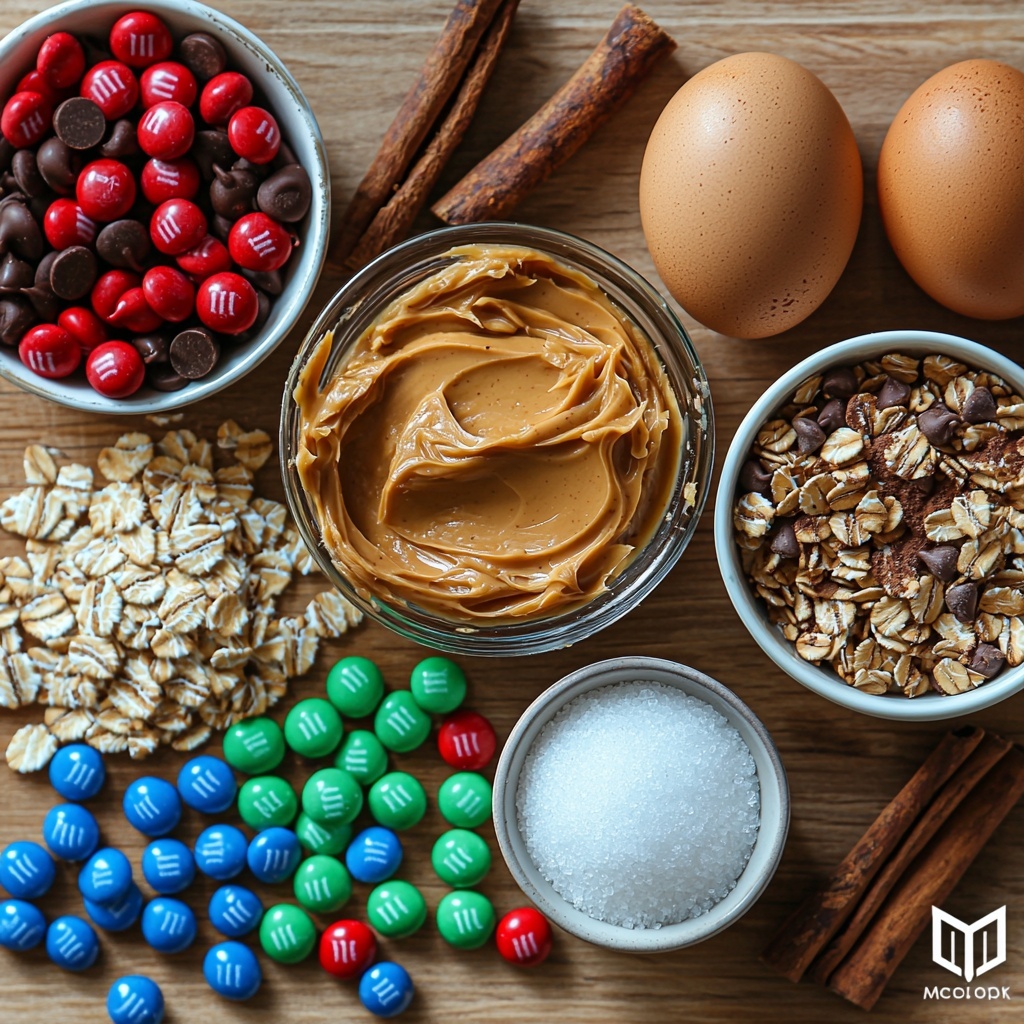 Butter (softened) in a small glass bowl, scoops of creamy peanut butter on a wooden spoon, two whole large brown eggs with matte shells, a small white ramekin filled with golden brown sugar, another ramekin with fine white sugar, a mound of gluten-free rolled oats spread loosely on the surface showcasing their coarse texture, a tiny dish containing pale beige baking soda powder, a sprinkle of fine salt crystals in a small dish, colorful M&M's scattered artfully with vibrant reds, blues, greens, yellows, and oranges, a small bowl overflowing with glossy semi-sweet chocolate chips, all neatly arranged on a clean, light natural wood surface with soft, natural daylight illuminating from the side creating gentle shadows, a few cinnamon sticks and vanilla pods casually placed for warmth and visual interest, a crumpled piece of parchment paper adding rustic charm, overhead shot, top down view, flat lay photography, professional food styling --ar 1:1 --q 2 --s 750 --v 6.1