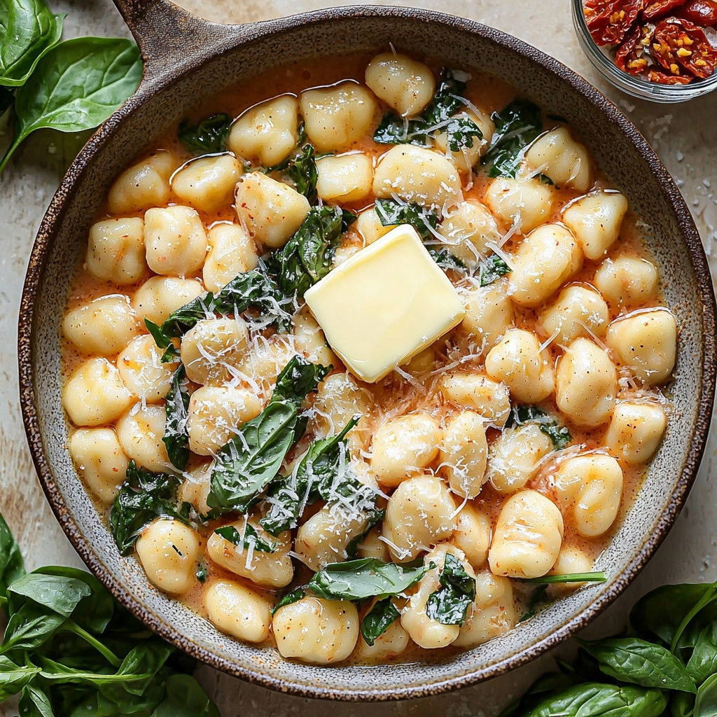 butter in a small rustic bowl with a smooth, creamy texture, two cloves of garlic finely chopped scattered nearby, uncooked gnocchi arranged in a loose cluster showing their pillowy, slightly ridged surfaces, a small heap of bright reddish-orange chopped sun-dried tomatoes with a chewy texture, a vintage spoon holding Italian seasoning mixed with crushed red pepper flakes and ground black pepper granules, a tiny salt cellar with coarse salt crystals visible, a clear glass measuring cup filled with rich, velvety heavy cream, a small bowl of translucent vegetable stock with a golden hue, a ramekin overflowing with finely grated Parmesan cheese showing its snowy texture, fresh vibrant green baby spinach leaves loosely piled with delicate veins showing, thinly sliced fresh basil leaves scattered artfully nearby, all ingredients placed neatly on a clean, light-colored wooden surface with soft natural lighting highlighting colors and textures, subtle shadows for depth, composition balanced and airy with negative space for a serene, inviting feel — overhead shot, top down view, flat lay photography, professional food styling --ar 1:1 --q 2 --s 750 --v 6.1