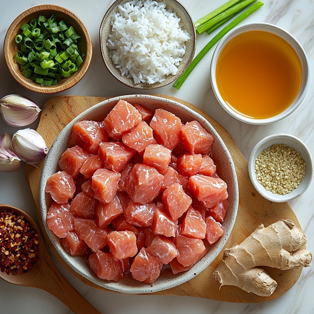 pound of raw chicken breast pieces, white and pink, arranged neatly in a small bowl; half cup cornstarch, fine white powder in a shallow dish; two tablespoons gleaming golden vegetable oil in a clear glass ramekin; half cup bright orange juice in a small clear bowl; quarter cup rich amber honey in a spoon; quarter cup dark brown soy sauce in a small bowl; two cloves of garlic, peeled and minced, scattered delicately; one teaspoon fresh grated ginger, pale yellow with fibrous texture on a tiny plate; one tablespoon translucent rice vinegar in a tiny glass container; a pinch of red pepper flakes, vibrant red, sprinkled on a white ceramic spoon; a mound of fluffy white cooked rice on a small white plate; fresh green onions, vibrant green and sliced thinly, arranged casually on a wooden cutting board. All items are spaced evenly on a smooth, clean white marble surface with soft natural lighting that accentuates texture and color contrasts, subtle shadows for depth, minimalistic styling to emphasize freshness and simplicity. overhead shot, top down view, flat lay photography, professional food styling --ar 1:1 --q 2 --s 750 --v 6.1