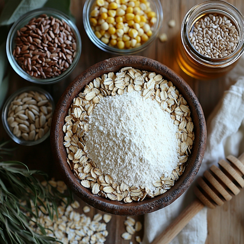 3 cups bread flour in a rustic ceramic bowl, scattered white flour dust around the bowl; small clear glass bowls filled with old-fashioned whole rolled oats, bright green unsalted pumpkin seeds (pepitas), golden-brown salted sunflower seeds, and shiny brown flax or sesame seeds neatly arranged in a semi-circle; a small wooden spoon resting next to the honey jar with rich amber honey visible; coarse salt crystals sprinkled lightly on a wooden surface; a measuring cup with warm water showing soft steam rising gently; a small mound of cornmeal with a few stray grains nearby; natural light casting soft shadows, highlighting the different textures—the powdery flour, smooth seeds, sticky honey, and watery surface—on a clean light wooden table background, styled with minimal rustic kitchen props like a linen napkin and a wooden spatula for contrast and warmth; vibrant, earthy colors showcasing freshness and natural ingredients; overhead shot, top down view, flat lay photography, professional food styling --ar 1:1 --q 2 --s 750 --v 6.1