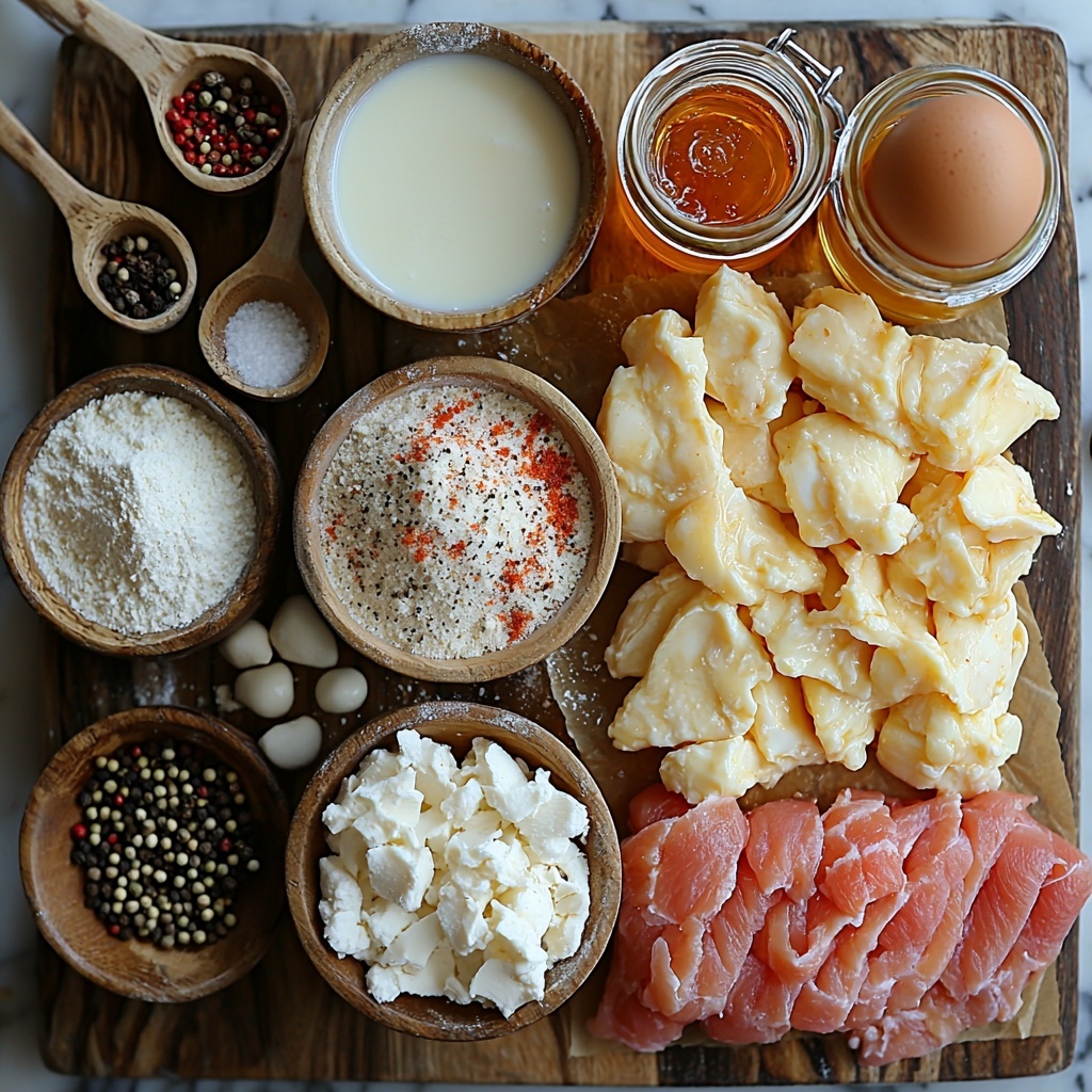chicken fried chicken ingredients arranged on a clean white marble surface: thinly sliced raw chicken breasts neatly fanned out on a rustic wooden board, two separate small ceramic bowls—one filled with white all-purpose flour mixed with baking powder, baking soda, salt, pepper, and garlic powder, showing a powdery texture; the other bowl with creamy buttermilk blend mixed with a whole egg and several drops of bright red hot sauce, smooth and glossy; a small glass jar of warm golden frying oil; a small measuring cup with fresh white milk; a pile of golden-brown fried chicken pieces with crispy textured crust resting on a piece of brown parchment paper; scattered grains of salt and peppercorns artfully placed around; warm natural lighting highlighting the varied textures from soft poultry, powdery flour, to glossy liquids, neutral light wooden spoons and a whisk casually placed for a lifestyle touch, subtle shadows for depth, clean minimal background for focus -- overhead shot, top down view, flat lay photography, professional food styling --ar 1:1 --q 2 --s 750 --v 6.1