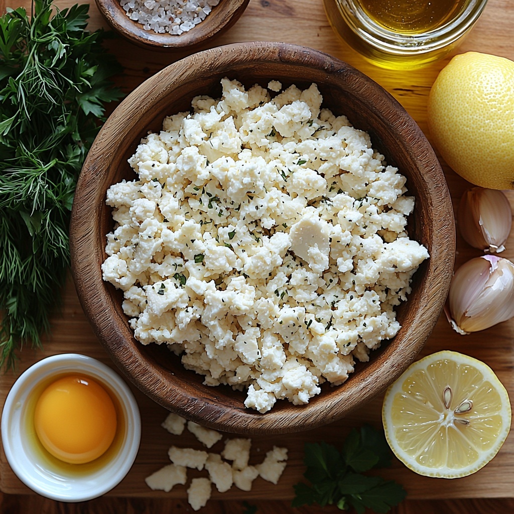 ground chicken in a rustic ceramic bowl, crumbled white feta cheese piled loosely on a small wooden dish, a quarter cup of golden breadcrumbs in a clear glass bowl, a small finely grated onion with soft white and pale purple hues next to two peeled garlic cloves, vibrant green chopped fresh parsley and bright fresh dill arranged in neat small piles, a whole lemon with one zest spiral beside it, a light brown beaten egg in a small white ramekin, coarse sea salt crystals and cracked black peppercorns scattered artfully, a small glass container of rich golden olive oil reflecting light, lemon wedges with bright yellow rinds and fresh herbs like parsley sprigs placed nearby, all set on a clean, neutral light wood surface with natural soft daylight creating gentle shadows, emphasizing fresh textures and vivid colors, styled minimalistically for elegant Mediterranean culinary appeal, overhead shot, top down view, flat lay photography, professional food styling --ar 1:1 --q 2 --s 750 --v 6.1