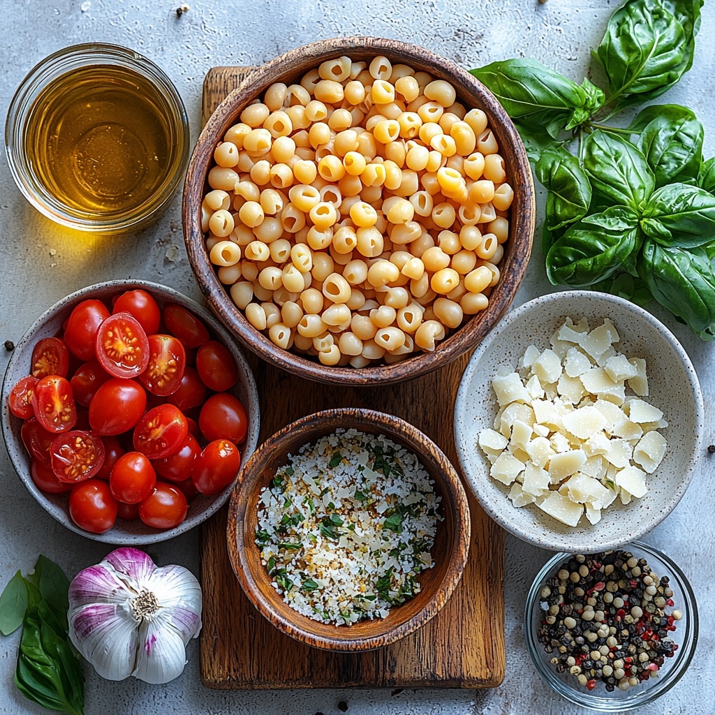 1 cup ditalini pasta spilled lightly from a small wooden bowl, 2 cans of drained and rinsed cannellini beans in a white ceramic bowl, a medium diced onion and 2 minced garlic cloves neatly placed on a small rustic cutting board, a bright red can of diced tomatoes with visible juice glistening, a glass measuring cup filled with golden vegetable broth, a small drizzle of glossy olive oil in a shallow white dish, teaspoons of dried oregano and dried basil arranged in tiny glass ramekins showing their fine textures, coarse salt and black peppercorns scattered artistically nearby, fresh vibrant green parsley and basil leaves fanned out on a clean white surface, and a small mound of grated Parmesan cheese on a rustic ceramic plate; everything arranged symmetrically with balanced spacing on a light neutral background, natural soft daylight highlighting the colors and textures, subtle shadows adding depth, minimal props, clean and inviting aesthetic, overhead shot, top down view, flat lay photography, professional food styling --ar 1:1 --q 2 --s 750 --v 6.1