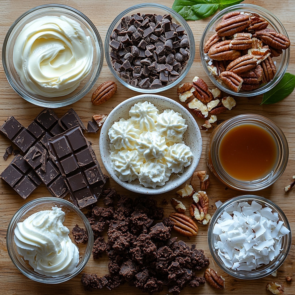 A clean, bright surface featuring an artful flat lay arrangement of ingredients for No-Bake German Chocolate Cheesecake: a small bowl of rich, dark chocolate cookie crumbs with a pat of melted golden butter nearby; three blocks of creamy, soft cream cheese with a rustic wooden spoon resting on them; a glass bowl of fine white granulated sugar; a small glass jar of clear vanilla extract; a bowl of smooth, thick sour cream in pristine white; a glossy bowl of melted semi-sweet chocolate chips with deep brown hues; a small ramekin of shiny caramel sauce in warm amber tones; a neat pile of fluffy white shredded coconut strands; a scattering of chopped pecans with warm brown and beige textures; a bowl of fluffy, airy whipped topping; dark chocolate shavings delicately curled; and a few glossy pecan halves arranged thoughtfully for garnish. The ingredients are spaced evenly with natural light casting soft shadows, styled with a minimalist aesthetic emphasizing textures and contrasting colors—creamy whites, rich browns, warm caramel tones, and natural nut hues. Overhead shot, top down view, flat lay photography, professional food styling --ar 1:1 --q 2 --s 750 --v 6.1
