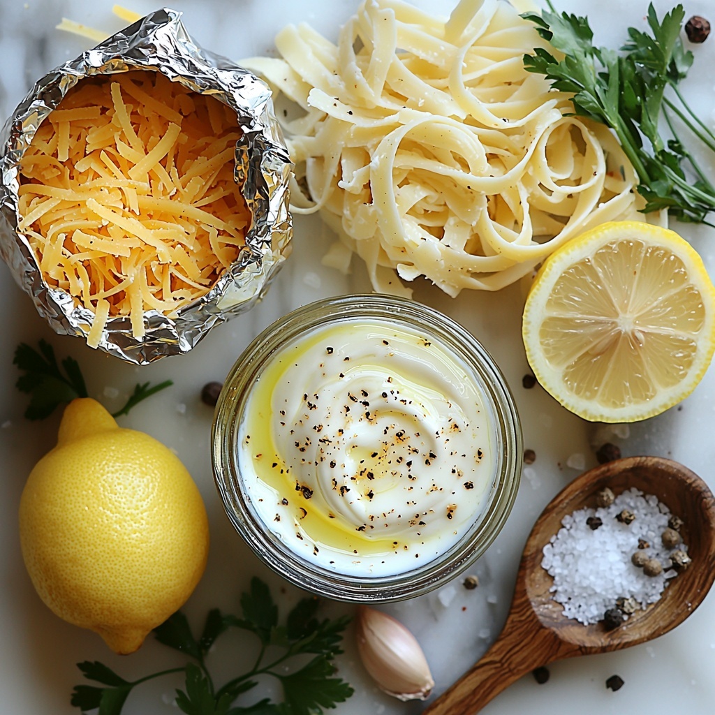 cream in a clear glass measuring cup with smooth, glossy texture, a whole bulb of roasted garlic wrapped partially in aluminum foil showing soft golden cloves, a small white bowl with rich golden olive oil glistening, a bright yellow lemon sliced in half with fresh, juicy pulp visible alongside fresh lemon zest sprinkled neatly on a small dish, a small glass bowl of freshly squeezed lemon juice with vibrant pale yellow liquid, a rustic wooden spoon holding coarse sea salt grains, a small heap of cracked black peppercorns on a white ceramic spoon, a mound of finely grated Parmesan cheese with fluffy texture on a natural stone plate, uncooked pasta strands fanned out in a bundle showing pale golden color, and fresh bright green parsley sprigs arranged delicately for garnish; all ingredients placed on a clean white marble surface with natural soft daylight creating gentle shadows and highlights, minimal rustic props for contrast, slight hint of culinary tools like a fork and small knife artfully placed nearby; colors vibrant yet natural, textures ranging from creamy to coarse and fluffy, composition balanced and harmonious with plenty of negative space for a fresh and inviting feel; overhead shot, top down view, flat lay photography, professional food styling --ar 1:1 --q 2 --s 750 --v 6.1
