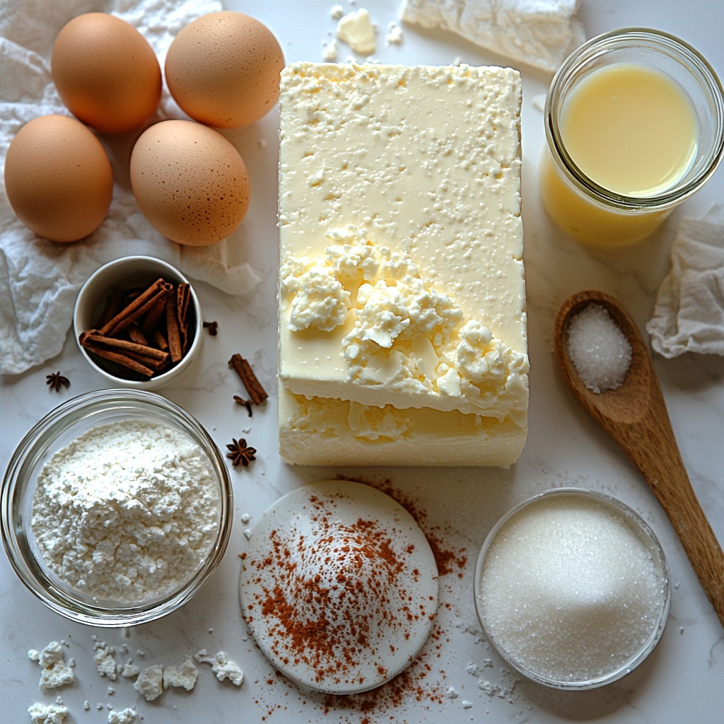 Cream cheese block, smooth and creamy off-white, sitting next to a small glass bowl of granulated sugar sparkling white; a tiny clear vial of golden vanilla extract; one large brown-speckled egg beside three fresh large eggs with smooth light brown shells; a glossy half cup of melted unsalted butter in a small glass container; a mound of fine all-purpose flour, bright white with soft powdery texture, sprinkled lightly next to a small pile of fine salt crystals; wooden spoon resting on rustic white kitchen towel; cinnamon powder in a small ceramic bowl showing rich reddish-brown color; clean glass of water with condensation; ingredients neatly arranged on a clean, matte white surface with natural soft daylight casting gentle shadows, minimalistic style, emphasizing color contrasts and textures, pops of warm cinnamon tones against cool whites and creams, touches of rustic kitchen props for warmth, overhead shot, top down view, flat lay photography, professional food styling --ar 1:1 --q 2 --s 750 --v 6.1