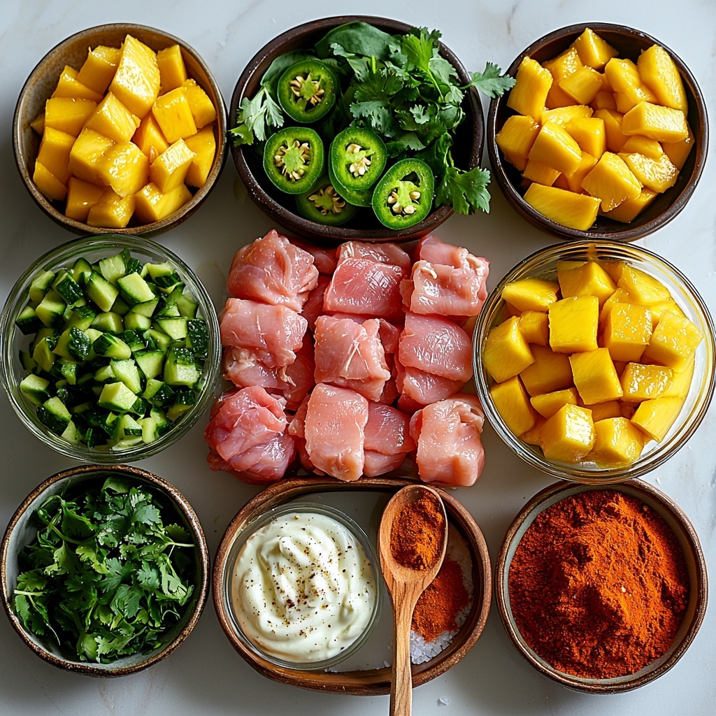 Peruvian chicken ingredients flat lay on a clean white surface: raw chicken thighs and breasts with a natural pink hue arranged neatly, small glass bowls containing olive oil or melted butter with a golden sheen, peeled garlic cloves scattered organically, bright green chopped jalapeño pieces, whole jalapeños sliced lengthwise, rustic wooden spoons holding ground cumin and deep red smoked paprika powders, small piles of coarse salt and fresh cracked black pepper, loosely gathered fresh cilantro and parsley sprigs in vibrant green shades, diced golden yellow mango chunks, creamy avocado cubes showcasing green and pale yellow tones, separate bowls filled with smooth white mayo and thick plain Greek yogurt, fresh lime wedges displaying bright green and juicy textures, a small dish of toasted sesame oil with a rich amber color, all ingredients spaced evenly to create balance with natural light casting soft shadows, minimal props to enhance freshness and highlight textures, a mix of rustic and clean modern elements for an inviting, colorful composition, overhead shot, top down view, flat lay photography, professional food styling --ar 1:1 --q 2 --s 750 --v 6.1