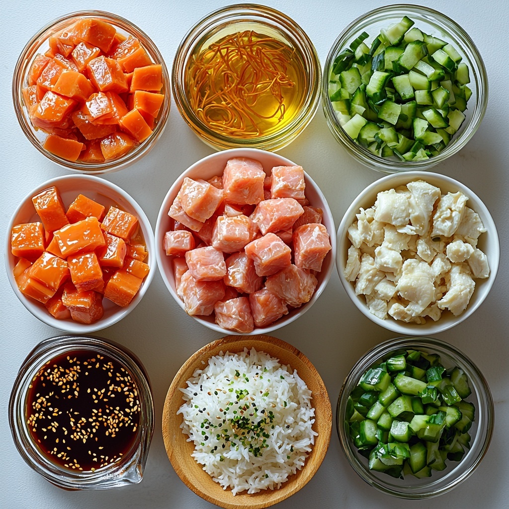 Flat lay photograph of the main ingredients for teriyaki chicken rice bowl arranged neatly on a clean white surface: cubed raw boneless skinless chicken breasts in a small white bowl, glistening golden olive oil in a small glass dish, a small bowl of dark low sodium soy sauce, a clear glass of water, heap of rich packed light brown sugar with moist texture on a wooden spoon, glossy amber honey in a small jar, a small bowl of light rice vinegar, golden sesame oil in a tiny glass container, fresh ground ginger powder in a small mound with a warm yellow tone, bright minced garlic clumps with creamy white color, white fine cornstarch in a ceramic bowl, toasted sesame seeds sprinkled loosely on the surface, freshly chopped vibrant green onions with crisp texture, fluffy steamed white rice in a neat bowl, and colorful steamed vegetables with bright greens and oranges arranged in an open bamboo steamer basket. Styling includes soft natural light casting gentle shadows, minimalistic composition with ingredients spaced evenly, clean modern bowls and utensils enhancing textures and colors, subtle reflections on glass containers, and a harmonious balance between warm and cool tones. Overhead shot, top down view, flat lay photography, professional food styling --ar 1:1 --q 2 --s 750 --v 6.1