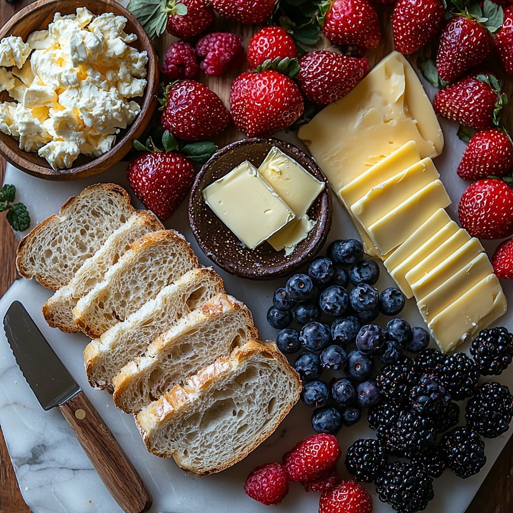 4 slices thick sliced artisan bread with a golden crust, 2 tablespoons creamy butter in a small dish, 4 ounces creamy white brie cheese sliced neatly, ½ cup plump fresh blueberries with deep blue and purple hues, a few fresh blackberries and bright red strawberries scattered artfully, 2 ounces sharp cheddar cheese sliced with a vibrant orange color; all ingredients arranged separately but close together on a clean white marble surface, showcasing varied textures—from soft and creamy brie to juicy berries and crusty bread; natural soft lighting enhances the freshness and rich colors, minimal shadows, slight crumbs and a small butter knife placed casually nearby for a rustic yet elegant food styling; overhead shot, top down view, flat lay photography, professional food styling --ar 1:1 --q 2 --s 750 --v 6.1
