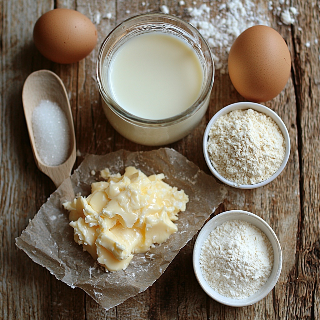 Warm milk in a small glass pitcher with a subtle creamy off-white color, next to a small bowl of melted golden butter glistening under soft light; a large brown egg resting beside a white ceramic spoon filled with golden granulated sugar; a small heap of pale beige instant yeast granules on rustic parchment paper; a neat pile of fine white all-purpose flour with a soft, powdery texture; a small white ramekin filled with coarse, yellow cornmeal with visible grains; a teaspoon with fine white salt crystals scattering gently nearby. All items carefully arranged on a clean, light wooden surface with natural textures, soft shadows enhancing the varying textures and warm tones, accented by gentle natural daylight creating a cozy, inviting atmosphere. Overhead shot, top down view, flat lay photography, professional food styling --ar 1:1 --q 2 --s 750 --v 6.1