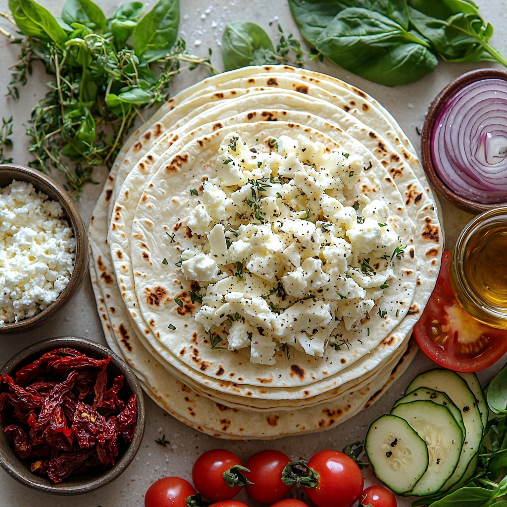 /flour tortillas stacked neatly in a rustic pile, soft and slightly textured, beside a small bowl of shredded mozzarella and provolone cheese showing fluffy white shreds; crumbled feta cheese presented in a petite ceramic dish, with its crumbly, creamy texture clear; fresh zucchini slices, crisp and green with pale interiors, fanned out artistically on a white surface; vibrant red bell pepper strips arranged in a loose cluster, glossy and bright; thinly sliced red onions displaying rich purple and white concentric rings; a small glass bowl of golden olive oil glistening softly under light; chopped sun-dried tomatoes in a tiny bowl, deep red with wrinkled texture; sliced Kalamata olives arranged in a semi-circle, dark purple and shiny; a sprinkle of dried oregano scattered casually near the veggies, adding a hint of rustic green; freshly ground black pepper and salt grains dotted around to add texture; optional fresh spinach or arugula leaves with deep green, crinkled textures adding contrast; all ingredients arranged on a clean, neutral-toned surface, styled with natural light emphasizing vibrant colors and varied textures, with subtle shadows for depth, minimal props to keep focus on ingredients, balanced composition with negative space for an inviting, fresh, Mediterranean feel — overhead shot, top down view, flat lay photography, professional food styling --ar 1:1 --q 2 --s 750 --v 6.1