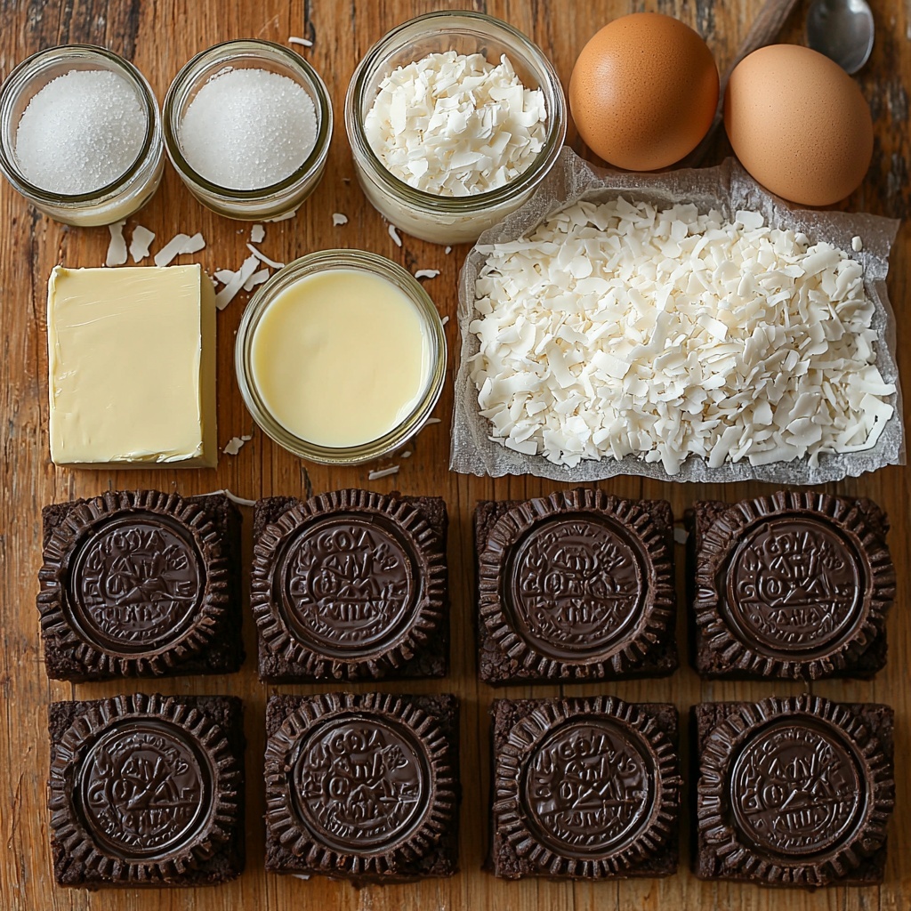 a clean, light wood surface with the main ingredients for coconut cheesecake bars arranged neatly in a flat lay style: a half cup stick of melted golden butter in a small glass bowl, a neat stack of GOYA® Chocolate Maria cookies showing their dark chocolate color and stamped texture, a small clear bowl of white granulated sugar, two packages of soft cream cheese blocks wrapped in white and blue packaging, an opened can of creamy off-white GOYA® Cream of Coconut with a rich, smooth texture visible, a small white ramekin holding fine white salt, two large brown eggs with smooth shells, a tiny glass dish of pale amber vanilla extract, and a generous pile of fluffy, shredded sweetened coconut with delicate curls and bright white coloring. The items are evenly spaced with natural daylight highlighting textures and colors, subtle shadows adding depth, styled with a few rustic wooden spoons and a folded linen napkin nearby for warmth. Overhead shot, top down view, flat lay photography, professional food styling --ar 1:1 --q 2 --s 750 --v 6.1