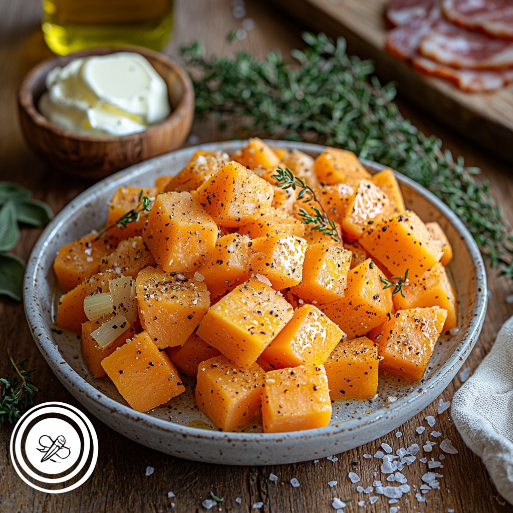 Sweet potatoes peeled and cut into chunky 2-inch cubes with their vibrant orange color, whole and sliced leek with pale green and white layers visible, a small bowl of minced garlic cloves, diced shallot in a rustic white ceramic dish, fresh sprigs of thyme and sage with deep green leaves, a small pinch of nutmeg displayed in a wooden spoon, extra virgin olive oil in a clear glass bottle reflecting light, a small pat of unsalted butter on a vintage butter knife, a rustic bowl with warm chicken or vegetable stock showing golden-yellow hues, scattered coarse salt and black peppercorns, a small bowl of creamy white sour cream, glistening candied pecan bits with a glossy caramelized texture, and diced pancetta with crispy reddish-brown edges—all arranged neatly on a clean, light wooden surface with soft natural lighting enhancing textures and colors, small vintage kitchen tools like a wooden spoon and linen napkin casually placed nearby for warmth, subtle shadows adding depth and dimension, bright and airy mood emphasizing freshness and rustic comfort, overhead shot, top down view, flat lay photography, professional food styling --ar 1:1 --q 2 --s 750 --v 6.1