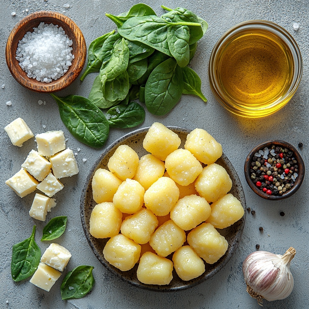 Crispy gnocchi, plump and pillowy with a golden crust, scattered in a loose pile; fresh spinach leaves, vibrant deep green with natural veins and slight crinkles, arranged in a neat, loose bundle; crumbled feta cheese chunks, bright white with crumbly, slightly creamy texture, sprinkled artistically in small piles; two garlic cloves, peeled and whole, smooth and off-white with a slightly glossy surface; small glass bowl of rich golden olive oil with a slight sheen; small piles of coarse salt crystals and freshly ground black pepper, textured and contrasting; tiny dish with vivid red pepper flakes adding a pop of color; all ingredients laid out separately but harmoniously spaced on a pristine white matte surface to emphasize colors and textures; natural soft daylight casting gentle shadows for depth and warmth; minimalist styling with subtle rustic props such as a wooden spoon or linen napkin partially visible at edges; overhead shot, top down view, flat lay photography, professional food styling --ar 1:1 --q 2 --s 750 --v 6.1