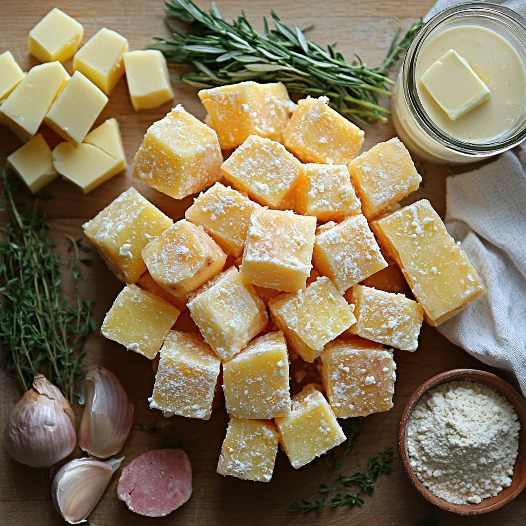 Yukon Golden Potatoes peeled and cut into rustic cubes, small pile of diced yellow onion with translucent edges, single celery stalk sliced into neat diced pieces, three whole garlic cloves with papery skins intact, a small mound of all-purpose flour with powdery texture, 5 tablespoons of unsalted butter sculpted into smooth pats, a measuring cup filled with creamy half and half, glass bowl of golden low sodium chicken broth reflecting light, fresh dried thyme sprigs and a small heap of dried ground sage powder next to a single bay leaf with deep green veining, diced pink ham cubes neatly arranged in a small white bowl, a small pile of finely shredded sharp cheddar cheese with vibrant orange color, and a bundle of fresh bright green chives for garnish. All ingredients are artfully spread out on a clean, light-colored wooden surface with natural soft daylight casting gentle shadows and highlighting varied textures—powdery flour, creamy liquids, crisp vegetables, and rich cheeses. Styling includes minimal rustic props such as a wooden spoon and neutral linen napkin to add warmth and context. The composition is balanced with ingredients spaced evenly to create visual interest and harmony. Overhead shot, top down view, flat lay photography, professional food styling --ar 1:1 --q 2 --s 750 --v 6.1