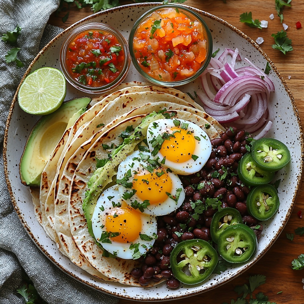 corn tortillas stacked in a rustic pile, ripe avocado halved showing creamy green flesh and pit, small bowl of mashed black beans slightly chunky, shredded pepper jack cheese scattered loosely with orange and white tones, halved lime with bright green interior, fresh chopped cilantro sprinkled on white ceramic plate, cooked sunny-side-up eggs with glossy yolks and firm whites, small bowls containing pickled jalapeños vibrant green and pickled red onions vivid pink, a jar of rich red salsa with visible chunks, drizzle of extra-virgin olive oil in a small glass dish, coarse salt crystals and cracked black peppercorns sprinkled artistically on a clean light wooden surface, natural daylight enhancing textures and colors, minimal shadows, soothing neutral background to make the ingredients pop, arranged neatly with some overlapping elements for depth, overhead shot, top down view, flat lay photography, professional food styling --ar 1:1 --q 2 --s 750 --v 6.1