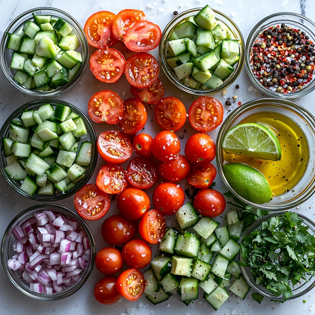Bright, fresh ingredients for a tomato cucumber avocado salad arranged in a neat flat lay on a clean white marble surface. Halved cherry tomatoes show vibrant red and glossy textures, diced cucumber pieces are cool green with a crisp, watery look, creamy pale green avocado cubes with smooth, buttery texture, finely chopped red onion adding delicate purple accents, and fresh cilantro leaves scattered for a burst of bright green. Small glass bowls contain golden olive oil and a lime wedge, with coarse salt and cracked black pepper sprinkled artfully nearby. Soft natural lighting highlights the freshness, colors popping against the white background, slight shadows adding depth and dimension. Overhead shot, top down view, flat lay photography, professional food styling --ar 1:1 --q 2 --s 750 --v 6.1