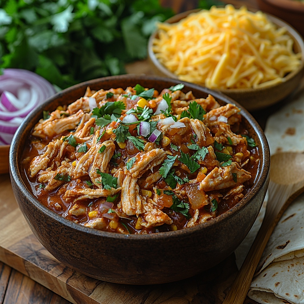 2.5 cups rich red enchilada sauce in a rustic small bowl, 8 soft 8-inch flour tortillas neatly stacked, 2 pounds tender shredded chicken piled loosely with visible texture, ¼ cup vibrant orange-brown taco seasoning scattered beside a small wooden spoon, ½ cup finely diced yellow onion with translucent edges in a small clear glass bowl, 12 ounces shredded sharp cheddar cheese with bright golden-yellow color fanned out slightly on a wooden cutting board; all ingredients artfully arranged on a smooth clean light wood surface with natural warm lighting creating soft shadows, small sprigs of fresh cilantro subtly placed for color contrast, subtle rustic props like a folded linen napkin and wooden serving utensils nearby to enhance warmth and hominess, the composition balanced and inviting, highlighting textures and vivid colors overhead shot, top down view, flat lay photography, professional food styling --ar 1:1 --q 2 --s 750 --v 6.1