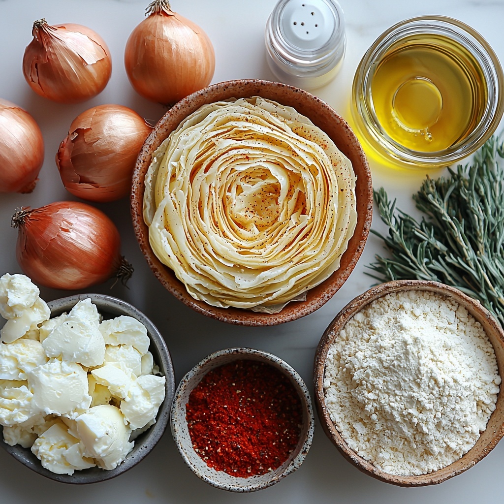 /Imagine prompt: A clean, bright kitchen surface with all the main ingredients for an air fryer blooming onion recipe neatly arranged in a flat lay style. At the center, a large sweet onion with its golden-brown papery skin and visible layers, slightly peeled. Surrounding it, a rustic ceramic bowl filled with fluffy white all-purpose flour mixed with vibrant red paprika, deep orange cayenne pepper, and flecks of dried thyme, oregano, and cumin showcasing earthy green and brown tones. Nearby, a smaller bowl with glossy, beaten eggs blending with creamy white milk and clear water. A sleek glass salt cellar and a pepper mill add contrasting textures of matte and shiny finishes. A clean spray bottle with clear vegetable oil is placed at the edge, sparkling under natural light. The surface is minimal and bright white, highlighting the natural colors and textures—powdery flour, smooth eggs, leafy herbs, and robust onion layers. The composition balances rustic and modern vibes with natural window light casting soft shadows, emphasizing freshness and inviting warmth. Overhead shot, top down view, flat lay photography, professional food styling --ar 1:1 --q 2 --s 750 --v 6.1