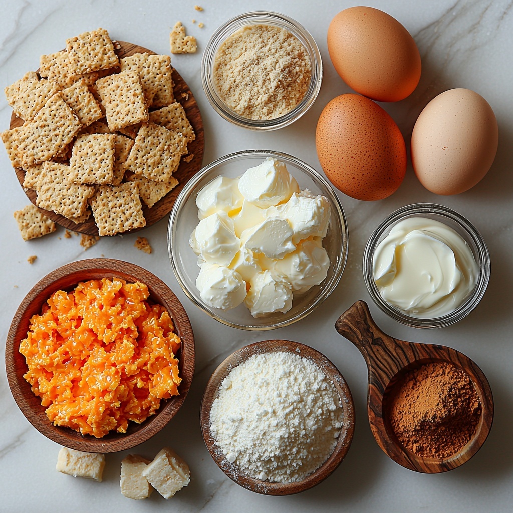 /Imagine prompt: A clean, bright white surface neatly arranged with the main ingredients for Pumpkin Streusel Cheesecake in an inviting flat lay. On one side, a small bowl of golden crushed graham crackers next to a glass dish with melted unsalted butter, glossy and smooth. Nearby, a small heap of granular white granulated sugar and a rustic mound of dark, moist brown sugar. A wooden bowl filled with vibrant orange pumpkin puree with its creamy texture visible. Three large brown eggs with smooth shells placed in a minimalist egg carton section. A dollop of thick, white sour cream in a ceramic ramekin, alongside a block of soft, creamy white cream cheese, cut to show its smooth texture. Small glass jars with vanilla extract and warm-toned pumpkin pie spice powder, the latter having a fine, rust-colored texture. A small pile of pale, finely sifted all-purpose flour. A few cubes of cold unsalted butter, pale yellow with sharp edges, displayed on a slate board. The ingredients are spaced harmoniously, showcasing contrasting textures and autumnal colors — warm browns, creamy whites, muted yellows, and rich orange hues. Soft natural lighting enhances the details and subtle shadows, with a faint hint of rustic kitchen props like a wooden spoon and linen napkin in the corners for warmth and context. overhead shot, top down view, flat lay photography, professional food styling --ar 1:1 --q 2 --s 750 --v 6.1