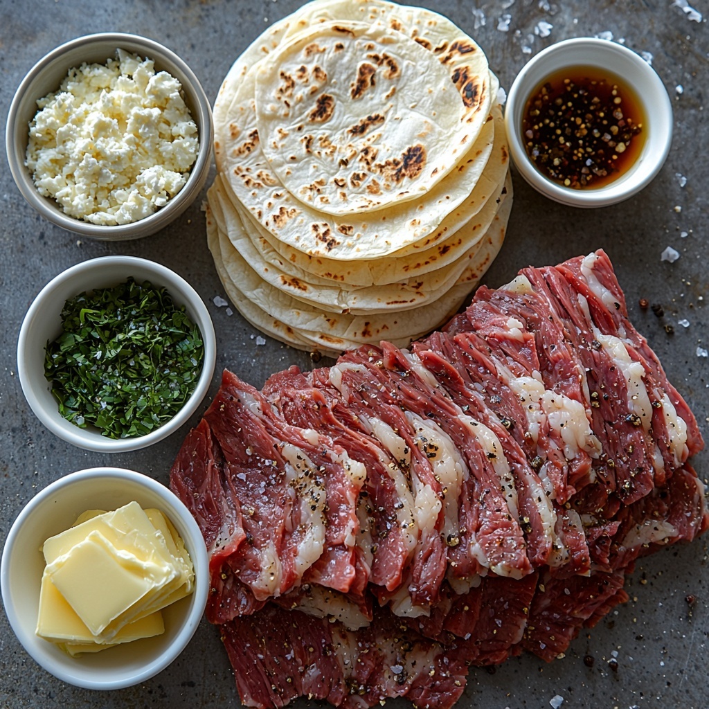 1 lb thinly sliced roast beef arranged in thin, slightly folded layers showing rich, deep reddish-brown color and marbling texture; 1.5 cups shredded mozzarella or provolone cheese in a small white bowl with fluffy, creamy white strands; 4 large flour tortillas stacked slightly fanned out, soft off-white with light golden spots; 2 tablespoons melted butter in a small clear glass dish with glossy, warm golden sheen; small white spoons holding 1 teaspoon each of garlic powder, onion powder, and dried parsley, powders in pale beige and green hues with fine and flaky textures; 1 small bowl of beef broth showing dark amber liquid with glossy surface; tiny clear dish with Worcestershire sauce, dark and thick; another tiny dish with soy sauce, very dark brown and glossy; small piles of coarse sea salt and black peppercorns scattered tastefully; all ingredients placed neatly on a clean, bright white surface with soft natural lighting casting gentle shadows, minimalist styling with slight rustic touch, crisp focus highlighting textures and vibrant colors, arranged symmetrically with spacing for a balanced composition — overhead shot, top down view, flat lay photography, professional food styling --ar 1:1 --q 2 --s 750 --v 6.1