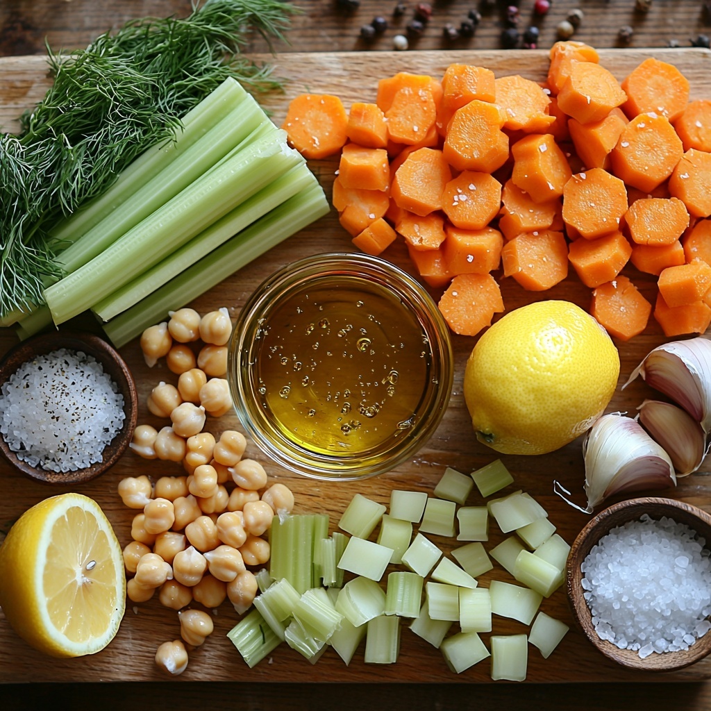 A flat lay of fresh cooking ingredients arranged neatly on a clean, light wooden surface. Include 2 tablespoons of golden olive oil in a small glass bowl, a medium yellow onion chopped into chunks, 3 whole garlic cloves and some minced garlic on a wooden board, 2 medium bright orange carrots diced, 2 crunchy green celery stalks diced, two open cans of pale beige chickpeas drained and rinsed with some scattered chickpeas around, a clear glass container of rich vegetable broth, a small bowl with creamy off-white tahini, a halved lemon with bright yellow flesh and a small glass of fresh lemon juice, a small heap of finely chopped vibrant green fresh dill, piles of salt crystals, coarse black peppercorns, and a pinch of deep red smoked paprika powder or chili flakes. The ingredients are spaced evenly but organically, with natural light casting soft shadows, emphasizing the varied textures and colors—glossy, smooth, and crunchy surfaces. Some rustic linen cloth peeks subtly at the edges for warmth. Overhead shot, top down view, flat lay photography, professional food styling --ar 1:1 --q 2 --s 750 --v 6.1