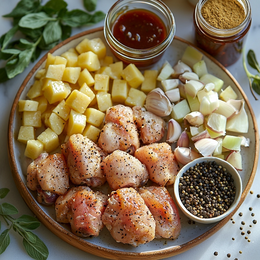 olive oil in a small glass jar with golden hues, bone-in skin-on chicken thighs with a rich pink color and visible skin texture, coarse salt crystals sprinkled lightly in a small white dish, whole black peppercorns in a rustic wooden spoon, half a small yellow onion diced finely with pale yellow and white tones on a ceramic plate, a glass measuring cup filled with dark caramel-colored cola, a bowl of glossy red ketchup with smooth texture, a single peeled garlic clove minced finely on a wooden cutting board, a small bottle of Worcestershire sauce with deep brown liquid visible, a mound of light brown granulated brown sugar on a rustic ceramic plate, dried oregano leaves scattered lightly showing green texture, mustard powder in a small white bowl with pale yellow fine powder—all ingredients carefully spaced and organized on a clean white marble surface with natural soft daylight illuminating the scene, subtle shadows adding depth, minimalistic and elegant styling with fresh herbs and wooden kitchen utensils as props, overhead shot, top down view, flat lay photography, professional food styling --ar 1:1 --q 2 --s 750 --v 6.1