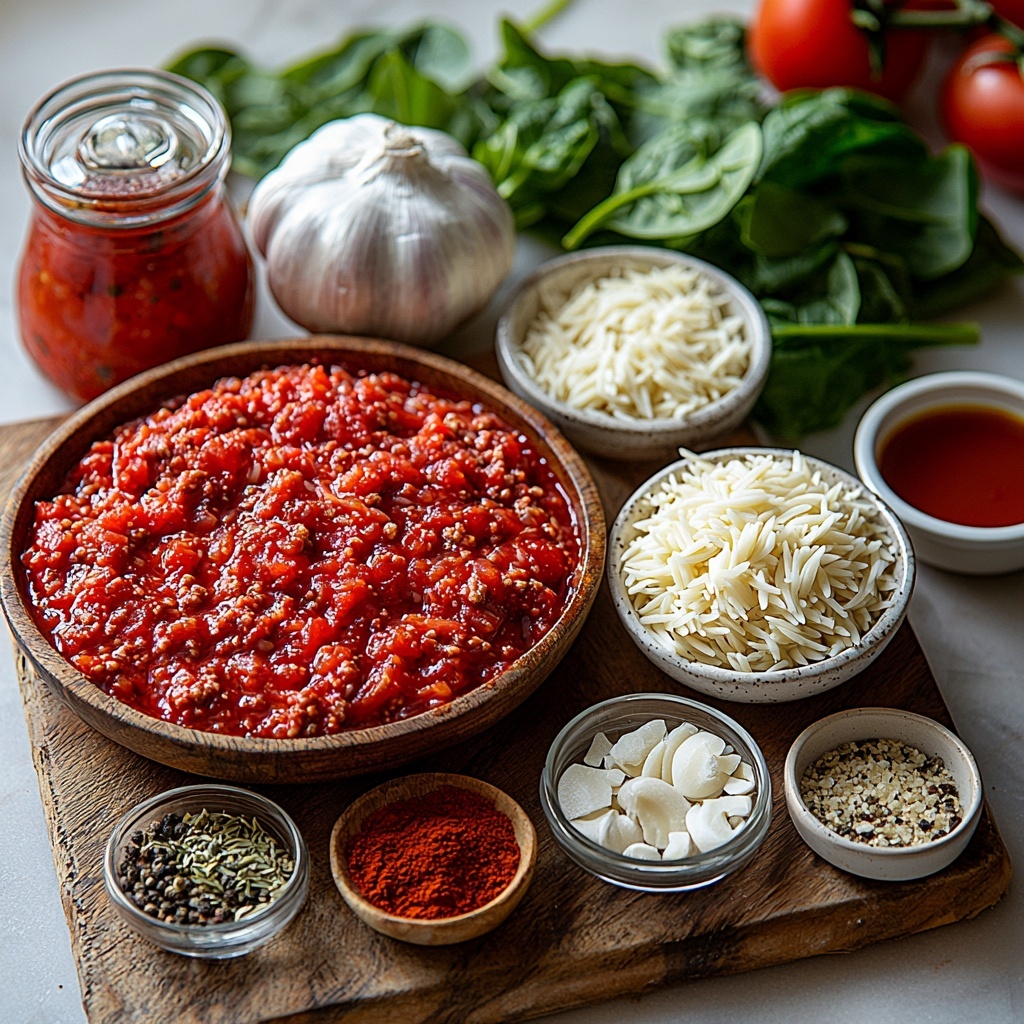 A clean white marble surface neatly arranged with the main ingredients for Ground Beef Orzo with Tomato Cream Sauce: a rustic small bowl of lean ground beef, finely chopped half medium onion scattered lightly nearby, three to four garlic cloves peeled and minced on a wooden cutting board, a small white ramekin of crushed red pepper flakes, a tiny heap of Italian seasoning herbs in dried form on a ceramic spoon, a clear glass measuring cup filled with uncooked orzo pasta showing its smooth, pearl-like texture, an opened vintage-style can of vibrant red tomato sauce with visible smooth richness, a small glass bowl with deep amber beef broth, a short transparent glass filled with creamy white heavy whipping cream, a small dish of dark brown Worcestershire sauce, a heap of freshly grated pale yellow parmesan cheese with delicate, fine shreds on a rustic wooden board, a small bunch of fresh baby spinach leaves vibrant green and slightly crinkled, and small piles of coarse salt and freshly cracked black pepper in tiny white bowls. Soft natural lighting highlights the warm reds, creamy whites, earthy browns, and fresh greens, crisp shadows adding depth. The ingredients are spaced thoughtfully to create visual balance with a mix of textures from smooth liquids, leafy greens, and granular spices. Overhead shot, top down view, flat lay photography, professional food styling --ar 1:1 --q 2 --s 750 --v 6.1