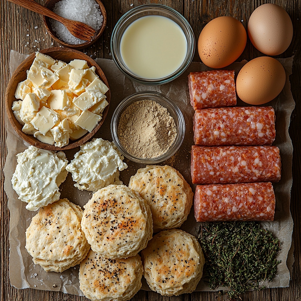 Biscuits in a rustic, open package with some biscuits separated and torn into pieces showing soft, flaky texture; raw mild sausage links arranged next to the biscuits with a slight glisten; a small bowl of peppered gravy mix powder with visible black pepper flecks; six fresh brown eggs with smooth shells, some cracked open with yolks and whites visible in a clear glass bowl; shredded sharp cheddar cheese piled loosely, showcasing bright orange color and fine texture; a small glass measuring cup filled with creamy white milk; coarse salt and cracked black pepper scattered gently on the surface; all ingredients laid out neatly and spaced on a clean, light wooden surface with natural soft daylight illumination casting gentle shadows, styled with minimal props like a wooden spoon and linen napkin for a warm, inviting breakfast vibe, overhead shot, top down view, flat lay photography, professional food styling --ar 1:1 --q 2 --s 750 --v 6.1