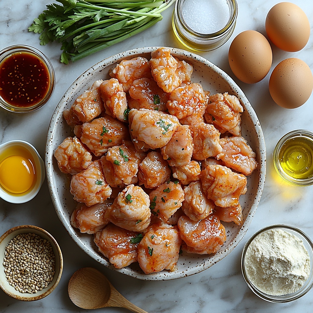 Crispy boneless chicken thigh pieces raw in a small white bowl, two large brown eggs in their shells, a small glass bowl with fine white cornstarch, another bowl with pale all-purpose flour, a tiny dish of salt and a pinch of white ground pepper beside it, a small clear bottle of golden neutral oil (canola or peanut), a small bowl with dark amber low-sodium soy sauce, a jar with glossy golden honey, a small bowl of pale rice vinegar, a ramekin of bright red ketchup, a small glass dish with rich amber toasted sesame oil, two cloves of fresh garlic peeled and minced, a small bowl of finely grated bright yellow ginger, a little bowl with clear cornstarch slurry (whitish milky liquid), a small white ceramic bowl filled with shiny toasted sesame seeds, a bunch of bright green sliced scallions scattered artistically, and thin slices of vibrant red chili alongside chili flakes sprinkled lightly on the surface—all arranged neatly on a clean white marble countertop with soft natural light, subtle shadows, and rustic wooden spoons and ceramic bowls for texture contrast, emphasizing fresh ingredients and warm earthy colors, minimalistic and balanced composition, overhead shot, top down view, flat lay photography, professional food styling --ar 1:1 --q 2 --s 750 --v 6.1