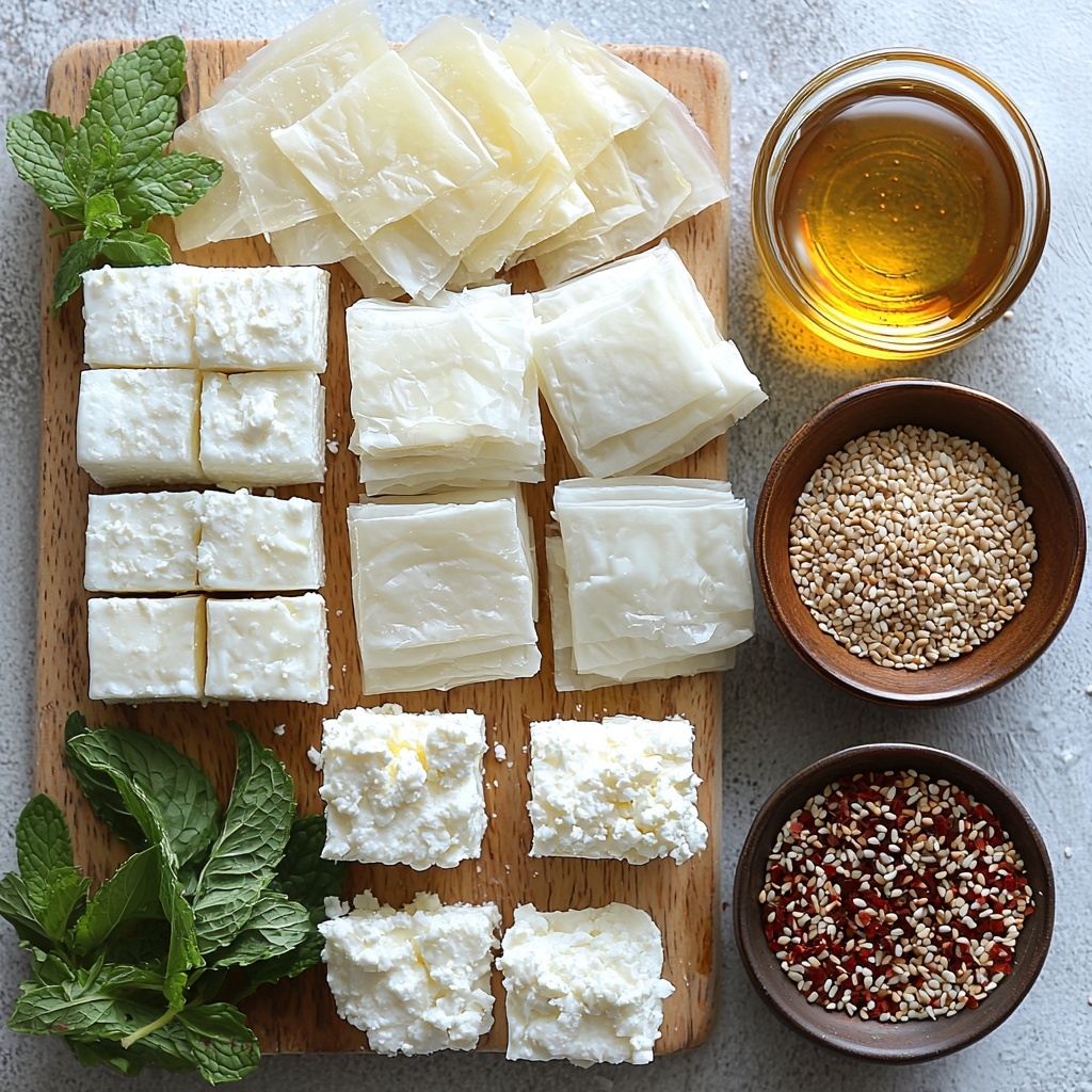 phyllo dough sheets slightly unrolled and layered, small blocks of crumbly white feta cheese, small glass bowl with golden honey, pile of deep red chili flakes scattered artistically, small dish with toasted light brown sesame seeds, fresh bright green mint leaves arranged delicately, small bowl of golden olive oil with a slight sheen, all ingredients arranged neatly on a clean white textured surface, natural soft lighting highlighting flaky, crumbly, and glossy textures, subtle shadows for depth, balanced composition with pops of color from chili flakes and mint, minimalist and elegant styling, overhead shot, top down view, flat lay photography, professional food styling --ar 1:1 --q 2 --s 750 --v 6.1