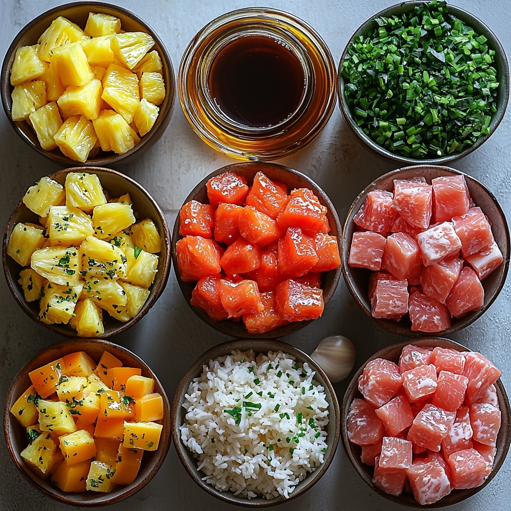 A flat lay of fresh cooking ingredients arranged neatly on a clean white surface: a small bowl of golden cooked rice with fluffy, separated grains; diced raw chicken breast pieces, pale pink and plump; vibrant yellow pineapple chunks, juicy and glossy; chopped bell pepper pieces in bright red and green hues; a small glass bowl of dark soy sauce with a rich sheen; a drizzle of amber honey in a tiny ceramic dish; a small bottle or drizzle of golden olive oil; fresh minced garlic cloves, white and finely chopped; finely minced ginger root, pale yellow with fibrous texture; scattered granules of coarse salt and freshly ground black peppercorns for contrast. The ingredients are spaced evenly with natural light highlighting their vivid colors and varied textures, styled minimally with a few fresh green herbs for a pop of color and freshness. Background is crisp and uncluttered to emphasize the ingredients’ vibrant tones and freshness. Overhead shot, top down view, flat lay photography, professional food styling --ar 1:1 --q 2 --s 750 --v 6.1