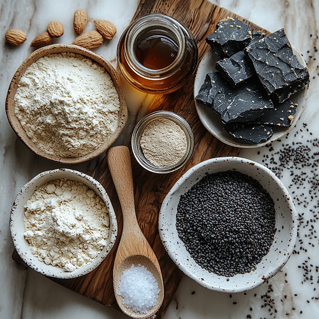 black sesame cookies ingredients flat lay: almond flour in a small white bowl, fine off-white powder texture; wooden spoon with tapioca flour powder beside it, smooth and starchy; small heap of baking soda powder on a rustic white ceramic plate; pinch of coarse sea salt crystals scattered lightly; three tablespoons of glossy black tahini (black sesame paste) in a small glass jar with a tiny spoon; amber-colored maple syrup in a clear glass bowl showing its thick, sticky texture; a small glass vial of vanilla extract with a cork stopper; deep brown cacao powder on a natural wood cutting board, fine and velvety; flaky sea salt crystals sprinkled artfully on a coarse linen napkin; all ingredients arranged neatly and spaced evenly on a clean, matte white surface; soft natural light highlighting textures and subtle shadows; minimalist styling with a neutral color palette to emphasize ingredient details; overhead shot, top down view, flat lay photography, professional food styling --ar 1:1 --q 2 --s 750 --v 6.1