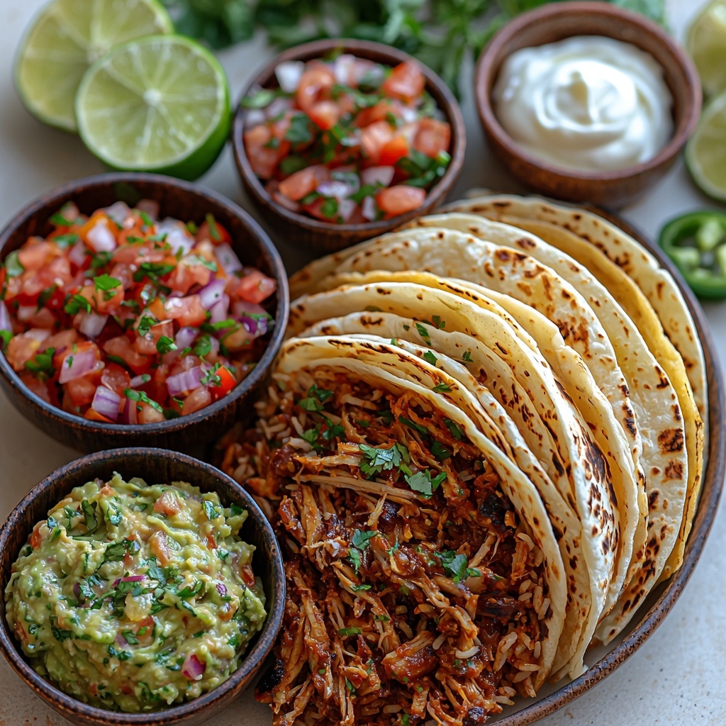 8 large flour tortillas stacked slightly fanned out on a clean white surface, next to a bowl of fluffy cilantro lime rice with vibrant green flecks of cilantro and bright lime zest, a rustic bowl of warm pinto beans glistening with a light sheen, a generous pile of tender, shredded golden-brown carnitas with crispy edges, a mound of shredded Monterey Jack and Mexican blend cheese showing creamy white and pale yellow tones, a colorful bowl of fresh tomato salsa bursting with red diced Roma tomatoes, finely chopped red onion, and green jalapeño specks, a small bowl of smooth, bright green chipotle guacamole, a dollop of cool white sour cream in a delicate ceramic dish, fresh cilantro sprigs scattered artfully around, and halved jalapeño peppers and wedges of lime for garnish. The ingredients are arranged neatly but naturally on a smooth, light wood or marble surface with subtle shadows enhancing textures — sharp, vivid colors, inviting textures from creamy to crispy, and a vibrant, fresh Mexican-inspired palette. Overhead shot, top down view, flat lay photography, professional food styling --ar 1:1 --q 2 --s 750 --v 6.1