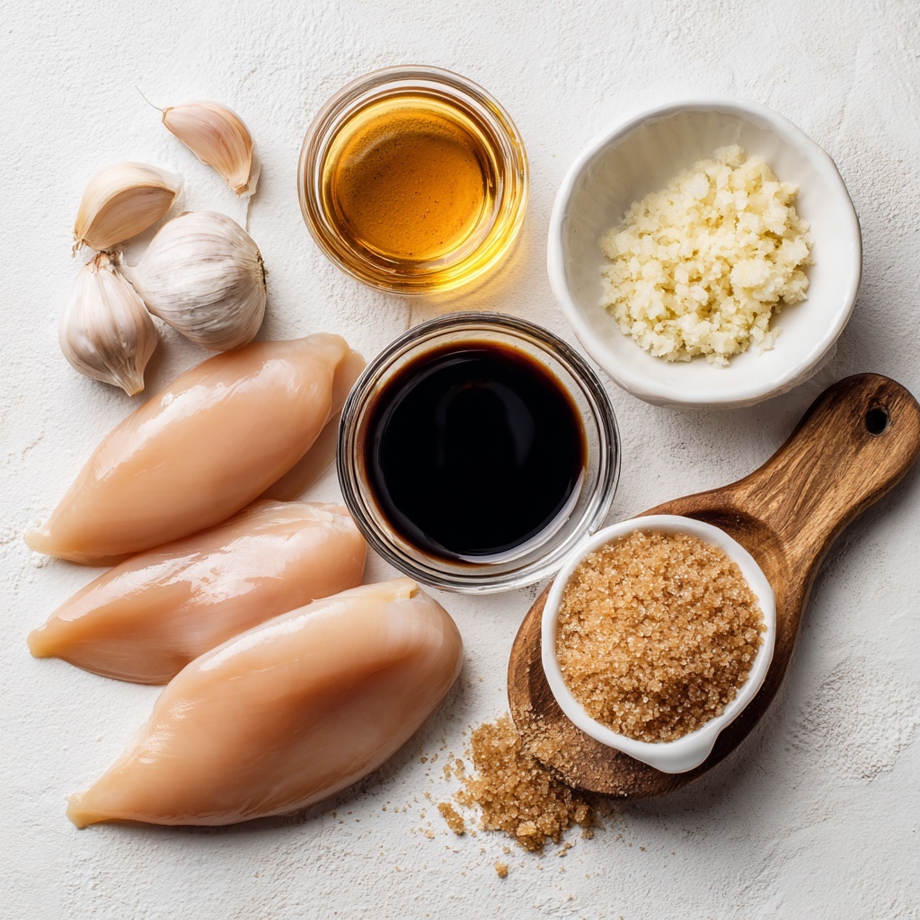 4 boneless, skinless chicken breasts raw with smooth pale pink skin, whole fresh garlic cloves and minced garlic in a small white bowl, a glass bowl filled with rich dark brown low-sodium soy sauce, a clear jar of thick golden honey, a small white ramekin of dark glossy balsamic vinegar, a rustic wooden spoon heaped with moist light brown sugar crystals, all neatly arranged on a clean matte white surface; chicken breasts fanned out slightly, garlic cloves clustered beside minced garlic bowl, liquids in glass and ceramic containers placed in a balanced semi-circle, brown sugar spoon resting naturally nearby, soft natural light highlighting the glossy textures and subtle color contrasts, minimal shadows, slight rustic kitchen vibe with a hint of warmth from wooden accents, overhead shot, top down view, flat lay photography, professional food styling --ar 1:1 --q 2 --s 750 --v 6.1