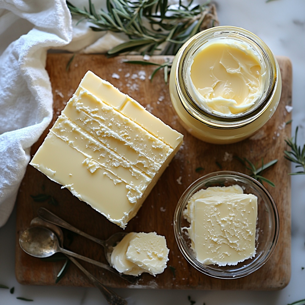 A clean, bright white surface neatly arranged with the main ingredients for condensed milk buttercream: a smooth, creamy block of unsalted butter at room temperature, pale yellow and slightly softened, placed on a small wooden cutting board; next to it, an opened glass jar of glossy, thick sweetened condensed milk with a spoon gently dipping into it, showing its silky texture; a small clear glass bowl holding a few tablespoons of the condensed milk separated to highlight its rich, glossy consistency; natural soft lighting creating gentle shadows and emphasizing the creamy textures and subtle yellow tones; minimalistic styling with a few rustic silver spoons and a white linen napkin casually folded nearby for warmth and contrast; negative space balanced around the ingredients for a clean, modern aesthetic. Overhead shot, top down view, flat lay photography, professional food styling --ar 1:1 --q 2 --s 750 --v 6.1