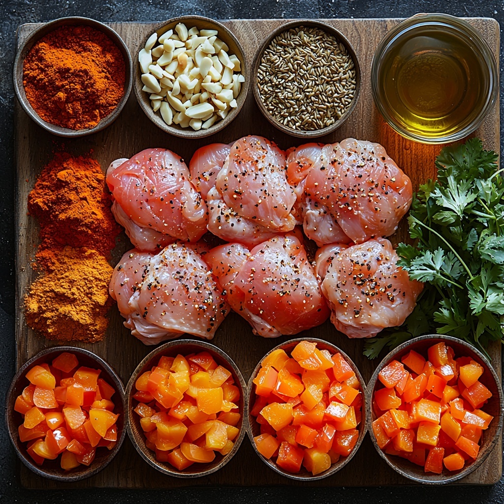 A clean, neutral-colored surface featuring all main ingredients for Moroccan Chicken & Rice artfully arranged in a balanced flat lay composition: four raw chicken thighs with bone-in, skin-on, showing rich pink tones and slight texture; small bowls of vibrant ground spices including warm golden turmeric, deep red paprika, earthy brown cumin and coriander, and cinnamon; a heap of fluffy long-grain rice with delicate grains, alongside a small pile of bright orange diced carrots; a neatly chopped medium onion with crisp white and purple layers; three peeled garlic cloves with a smooth, pale surface; a rustic bowl of drained diced tomatoes, deep red and juicy; a scattering of chopped dried apricots with rich orange hues and chewy texture; a measuring cup filled with golden chicken broth; an olive oil bottle or small dish showcasing glossy, golden liquid; slivered almonds in a small white bowl revealing creamy color and crunchy texture; and a small bunch of fresh cilantro or parsley leaves adding bright green freshness. The ingredients are spaced evenly with natural light highlighting the vibrant colors and contrasting textures, styled with minimal rustic props like wooden spoons and linen cloth for warmth and authenticity. The scene is crisp, clean, and inviting, emphasizing freshness and the aromatic spices of Moroccan cuisine. overhead shot, top down view, flat lay photography, professional food styling --ar 1:1 --q 2 --s 750 --v 6.1