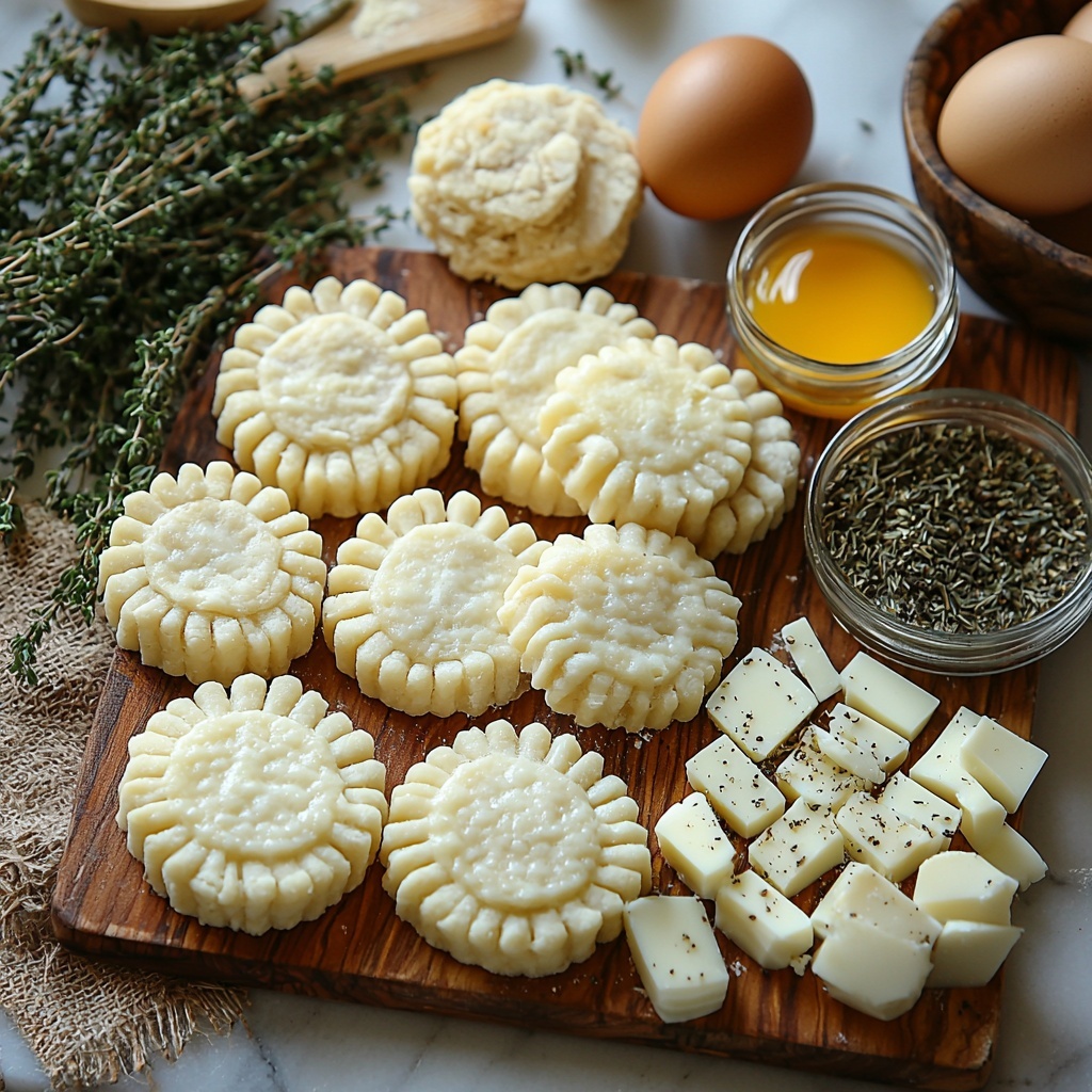 2 cups rolled out shortcrust pastry circles dusted lightly with flour, raw and pale golden; 1 lb lean ground beef, bright red and textured; 1 medium onion, finely chopped into small white and purple pieces; 2 cloves garlic, minced, creamy white; small glass bowl of rich brown beef broth with glossy surface; teaspoon of dried thyme, fine green herb flakes scattered neatly on a wooden spoon; one whole raw egg with smooth brown shell next to a small bowl of beaten egg wash with golden yellow liquid; ingredients arranged on a clean white marble surface with soft natural light casting gentle shadows, showcasing textures and colors vividly; rustic wooden utensils and a small burlap napkin casually placed for warmth and contrast; overhead shot, top down view, flat lay photography, professional food styling --ar 1:1 --q 2 --s 750 --v 6.1