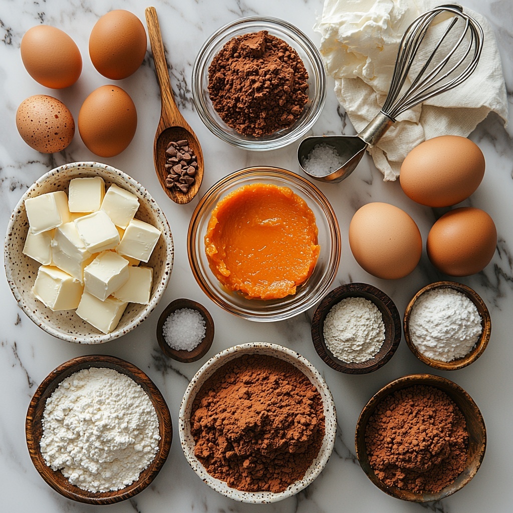 Melted unsalted butter in a small glass bowl, granulated sugar in a wooden scoop and loose piles, large brown eggs with smooth shells, a small dish of vanilla extract, all-purpose flour in a ceramic bowl with a small sifter, rich dark cocoa powder in a rustic bowl, coarse sea salt sprinkled nearby. Softened cream cheese in a white bowl with a smooth creamy texture, vibrant orange pumpkin puree in a glass jar showing thick consistency, warm brown ground cinnamon in a tiny ceramic dish, light brown ground nutmeg, pale beige ground ginger, and fine salt crystals arranged neatly. The ingredients are placed spaced evenly on a clean white marble surface with natural daylight, casting soft shadows. Wooden spoons, a linen napkin in soft neutral tones, and a vintage silver whisk subtly frame the composition. Colors contrast beautifully with creamy whites, deep browns, and bright pumpkin orange, textures ranging from smooth creams to powders and whole eggs. overhead shot, top down view, flat lay photography, professional food styling --ar 1:1 --q 2 --s 750 --v 6.1