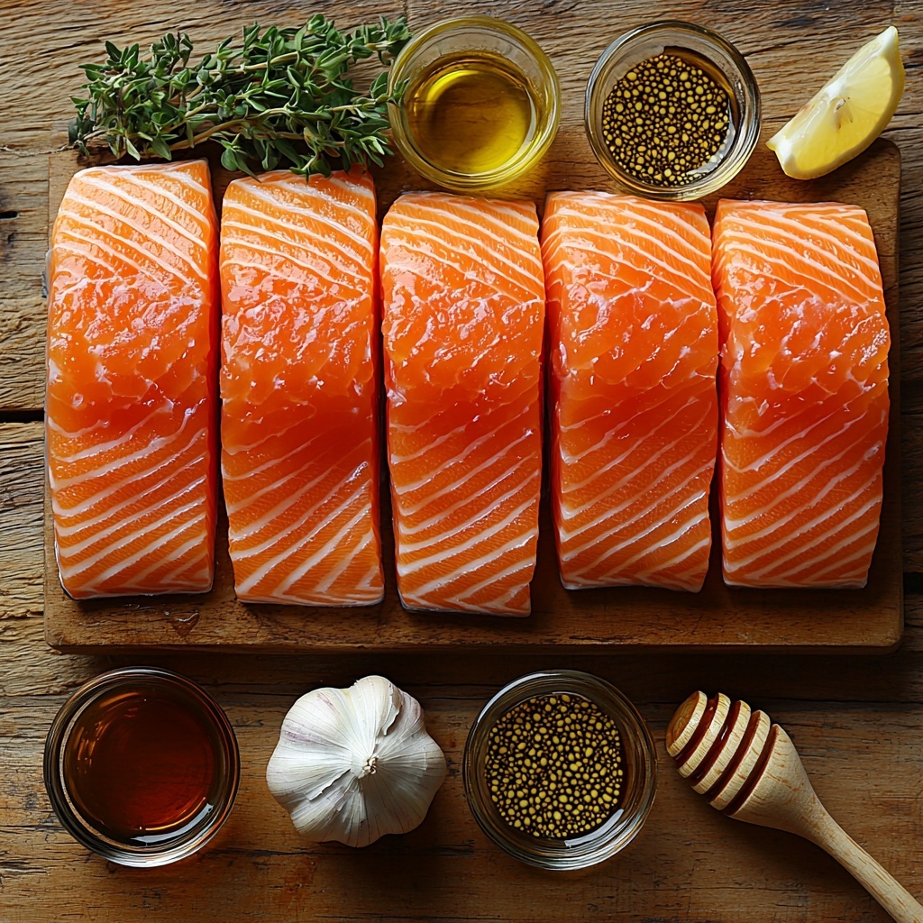 4 fresh salmon fillets with vibrant pink flesh and silver skin, arranged neatly side by side on a clean, light wooden surface; small glass bowls containing glossy amber honey, dark low sodium soy sauce, golden olive oil, and smooth Dijon mustard with a creamy pale yellow color; two cloves of garlic, one whole and one minced, placed alongside with a rustic small wooden spoon resting nearby; the overall composition balanced with ample negative space, natural soft daylight highlighting the fresh textures and colors, slight shadows adding depth, clean and minimalistic styling emphasizing freshness and simplicity, subtle hints of herbs or lemon wedges for freshness optional; overhead shot, top down view, flat lay photography, professional food styling --ar 1:1 --q 2 --s 750 --v 6.1