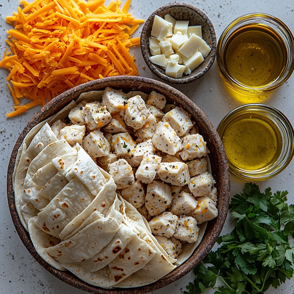 2 large diced raw chicken breasts in a small rustic bowl with a light coating of olive oil and sprinkled garlic powder, onion powder, paprika, salt, and pepper; 4 large soft flour tortillas neatly stacked slightly fanned out on a clean white surface; a small clear glass bowl of creamy white garlic sauce with a smooth texture; two small piles of shredded cheese—one bright orange shredded cheddar and one creamy white shredded mozzarella—arranged side by side; a small bunch of fresh vibrant green chopped parsley scattered artfully near the ingredients; a small glass dish of golden olive oil catching the light; all items spaced evenly and arranged symmetrically on a crisp, matte white countertop with natural diffused daylight highlighting the textures and vivid colors, minimal shadows, clean and modern styling, emphasizing freshness and rustic simplicity, overhead shot, top down view, flat lay photography, professional food styling --ar 1:1 --q 2 --s 750 --v 6.1
