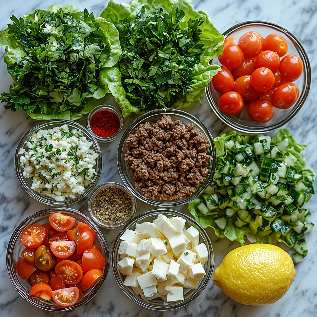 a vibrant flat lay of Mediterranean ground beef lettuce wrap ingredients arranged on a clean white marble surface. Small glass bowls contain rich olive oil with a golden sheen, bright red diced cherry tomatoes, and crumbled white feta cheese with a crumbly texture. Fresh green parsley leaves are scattered loosely beside a quarter cup mound of finely chopped parsley. A small pile of finely chopped white onion and minced garlic cloves show delicate textures. Ground beef seasoned with warm brown cumin, deep red paprika powder, and greenish dried oregano is displayed in a rustic small bowl, showcasing its savory spices. A whole fresh lemon, halved to reveal bright yellow juicy pulp, rests near a cluster of crisp butter lettuce leaves with vibrant green ruffled edges. A teaspoon of mixed salt and black peppercorns sits artistically in a petite dish nearby. Everything is arranged neatly with space between each element to highlight their natural colors and textures. Soft natural light enhances the freshness and warmth of the Mediterranean palette, casting gentle shadows for depth. The overall composition balances rustic charm with modern elegance, inviting and vibrant. overhead shot, top down view, flat lay photography, professional food styling --ar 1:1 --q 2 --s 750 --v 6.1