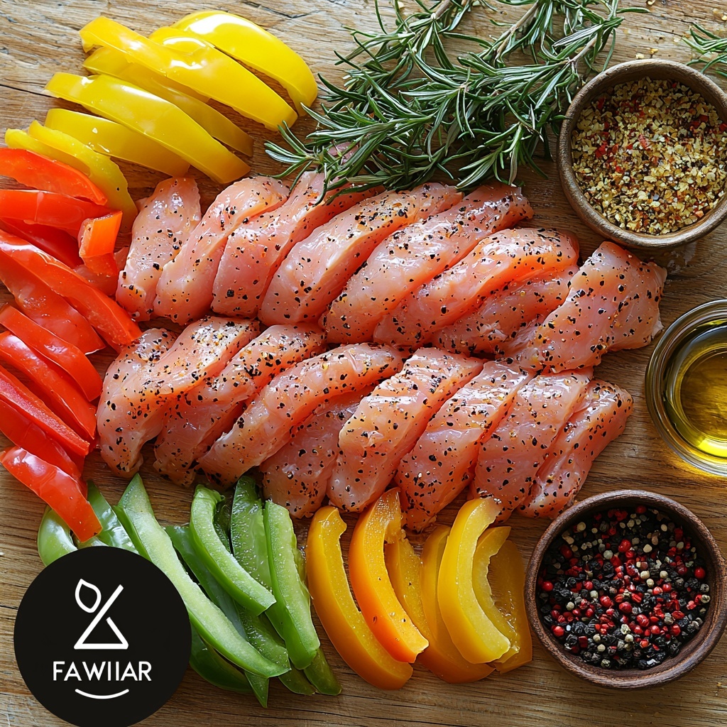 A clean, light wooden surface featuring fresh, vibrant ingredients for chicken fajitas artfully arranged in a flat lay composition. Centered are two raw boneless, skinless chicken breasts cut into thick strips, pale pink with a slight sheen. Surrounding them are colorful bell pepper slices: bright red, sunny yellow, and vivid green, each cut into uniform half-inch strips showing crisp, juicy textures. Nearby, crisp wedges of deep purple-red onion add contrast and layering. Small rustic bowls hold warm, earthy brown fajita seasoning and golden vegetable oil, some lightly spilled for natural effect. The arrangement is balanced yet casual, with a few loose pepper slices and onion wedges scattered organically to add movement and life. Soft, natural lighting highlights the freshness and textures, casting gentle shadows. The overall feel is vibrant, fresh, and inviting, with a slight rustic charm. overhead shot, top down view, flat lay photography, professional food styling --ar 1:1 --q 2 --s 750 --v 6.1