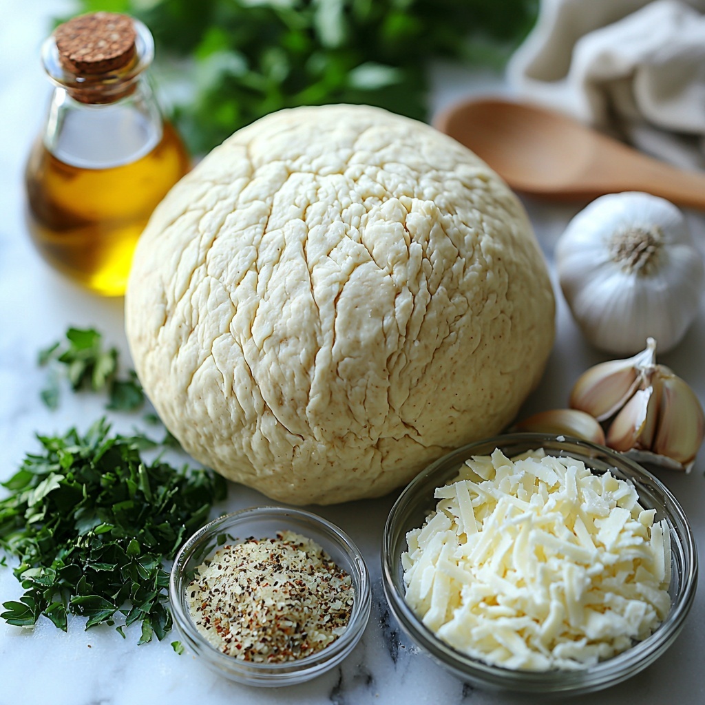 pound of whole wheat semolina pizza dough, ball of smooth textured dough with light brown wheat tones; small glass bowl of extra virgin olive oil with rich golden-yellow color; peeled garlic clove and a small heap of finely minced garlic showing a creamy white texture; fresh bright green minced parsley leaves scattered loosely beside a small pile of dried parsley flakes with muted green hues; small dish of Italian seasoning blend with earthy tones of dried herbs; mound of shredded part-skim mozzarella cheese, soft and stringy with creamy white color; all ingredients thoughtfully arranged on a clean white marble surface with natural light casting soft shadows, minimal rustic props like a wooden spoon and linen napkin placed gently nearby to enhance warmth and homeliness, space between items for clarity, colors vibrant and textures crisp, emphasizing freshness and variety—overhead shot, top down view, flat lay photography, professional food styling --ar 1:1 --q 2 --s 750 --v 6.1