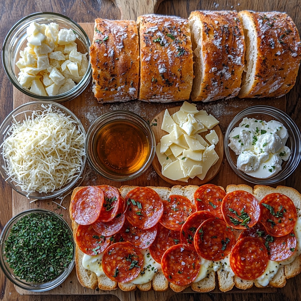 french bread loaf sliced lengthwise and halved, rustic golden crust and soft interior, small bowls of rich red pizza sauce and shredded creamy white mozzarella cheese, pile of vibrant orange-red pepperoni slices neatly arranged, glass bowl with grated pale yellow Parmesan cheese, small dish of golden olive oil mixed with melted butter, fresh garlic cloves minced and whole, dried oregano scattered lightly, sprinkle of coarse salt crystals, all ingredients artfully spaced on a clean, light-colored wooden surface with subtle natural texture, warm natural lighting enhancing the contrast and vivid colors, gentle shadows for depth, minimal props emphasizing freshness and simplicity, overhead shot, top down view, flat lay photography, professional food styling --ar 1:1 --q 2 --s 750 --v 6.1